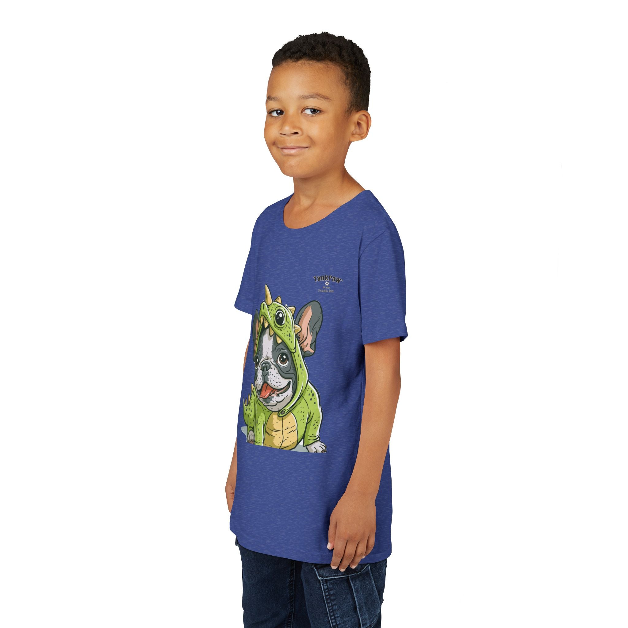 Kids Dino Costume Tee — Cute French Bulldog Puppy in Green Dinosaur Outfit