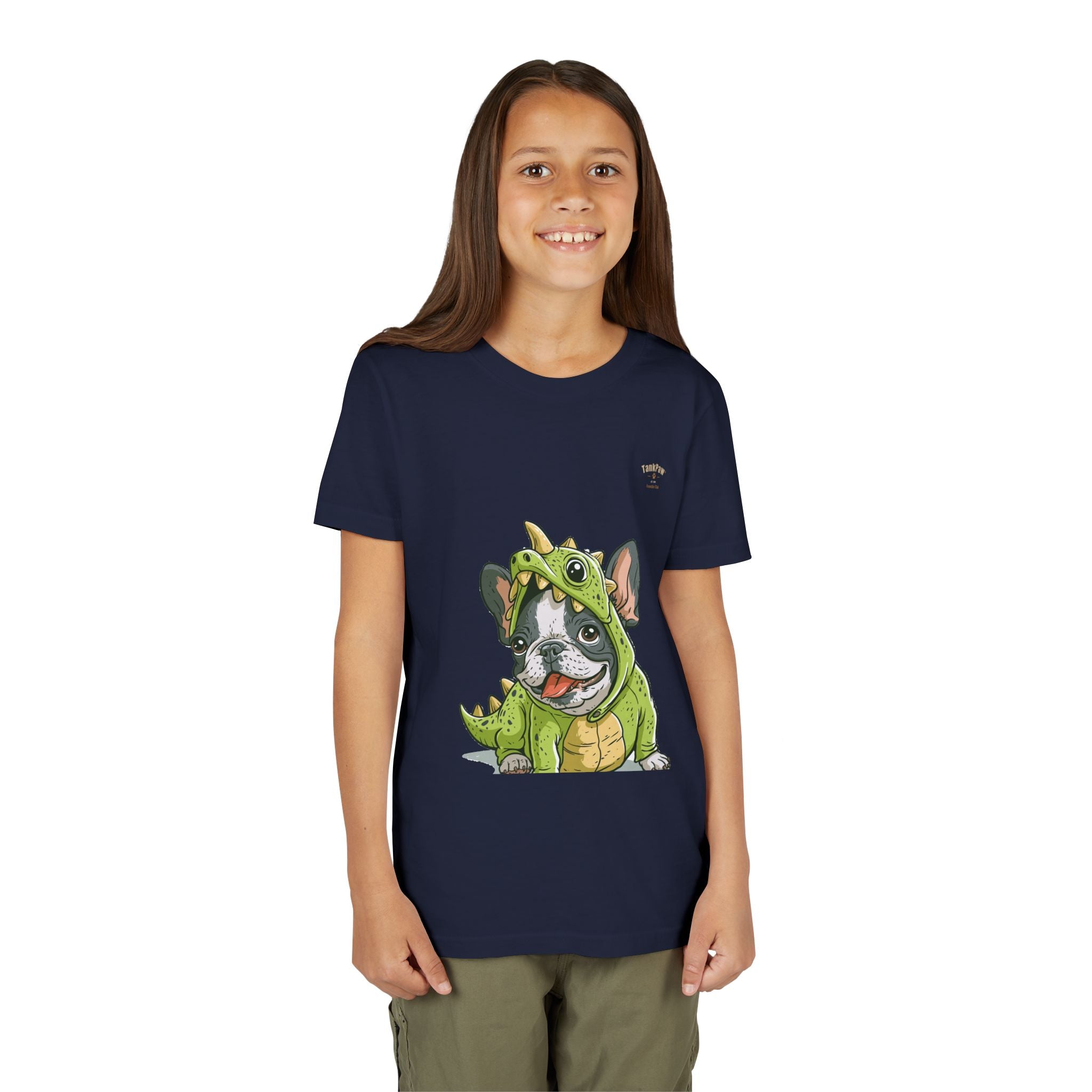 Kids Dino Costume Tee — Cute French Bulldog Puppy in Green Dinosaur Outfit