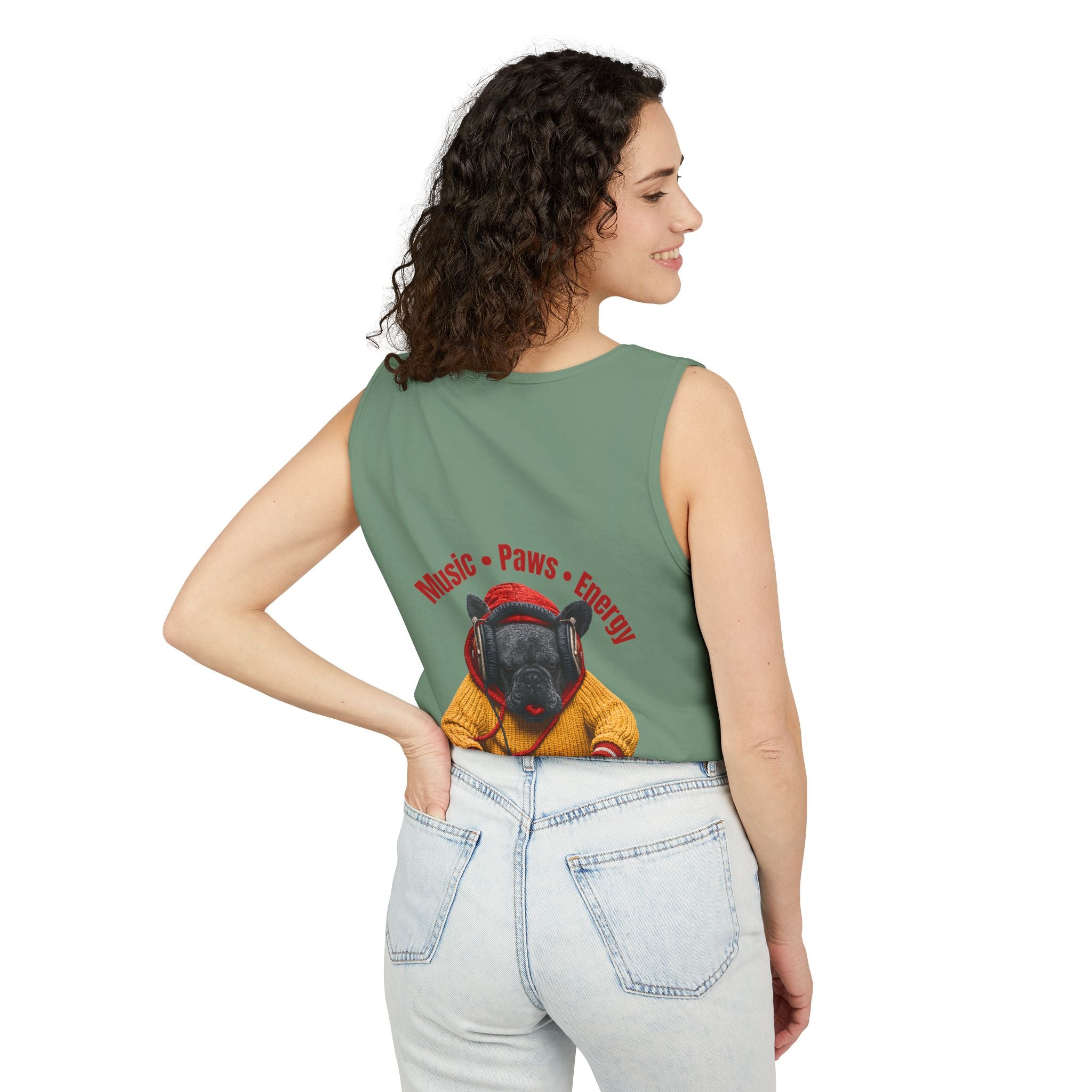 DJ Frenchie Dog Vest — "Music, Paw Prints, Energy: Igniting the Beat" Graphic Vest