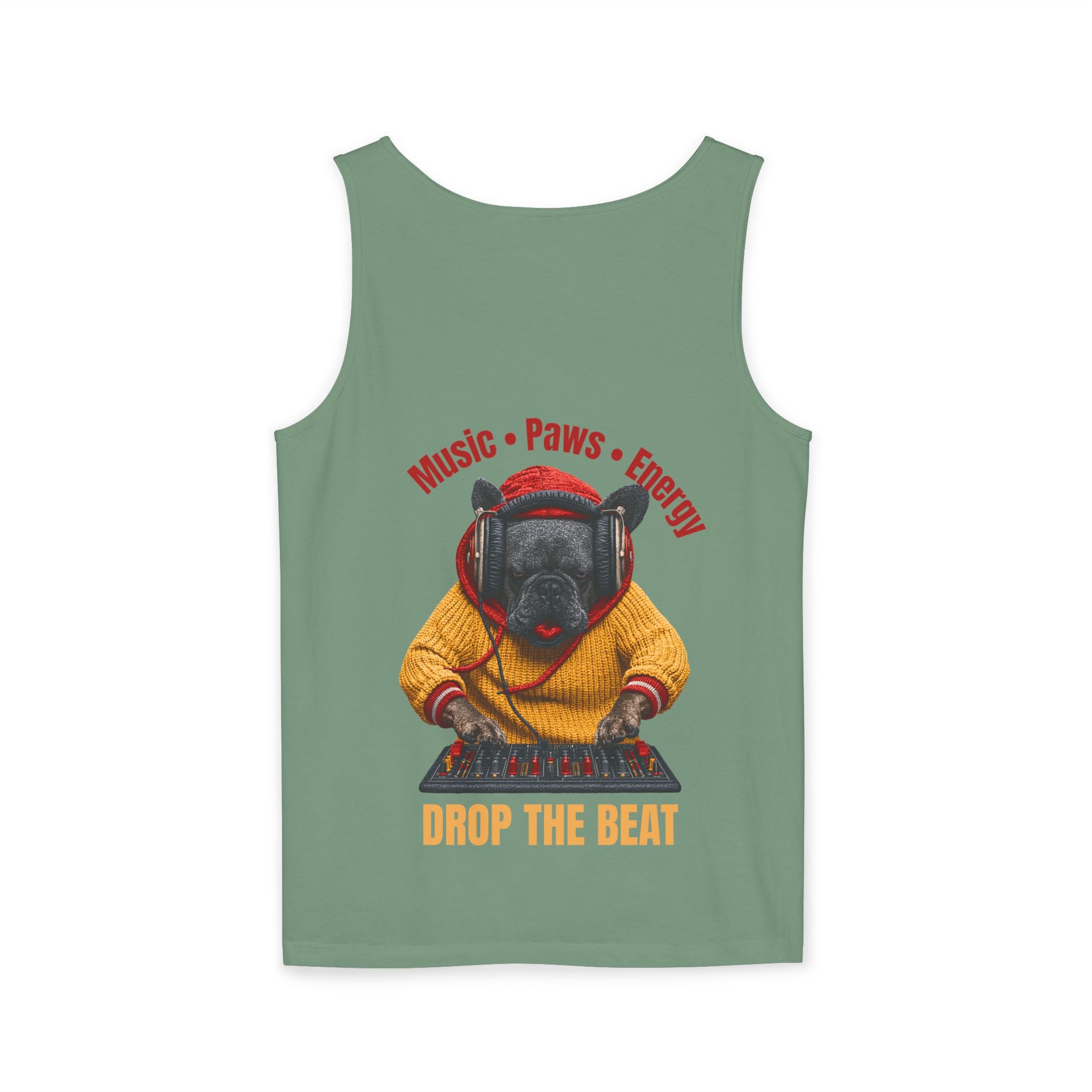 DJ Frenchie Dog Vest — "Music, Paw Prints, Energy: Igniting the Beat" Graphic Vest