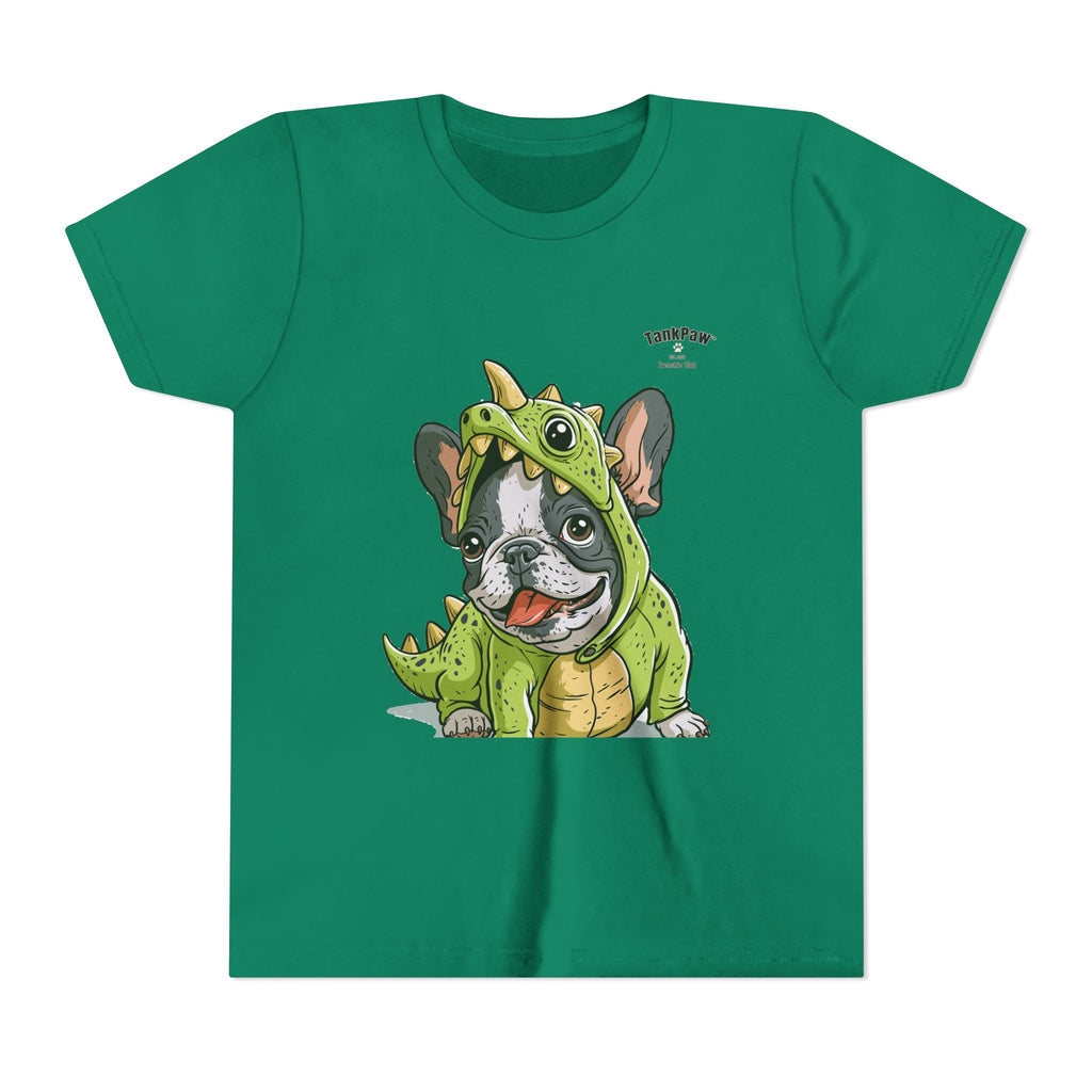 Kids Dino Costume Tee — Cute French Bulldog Puppy in Green Dinosaur Outfit