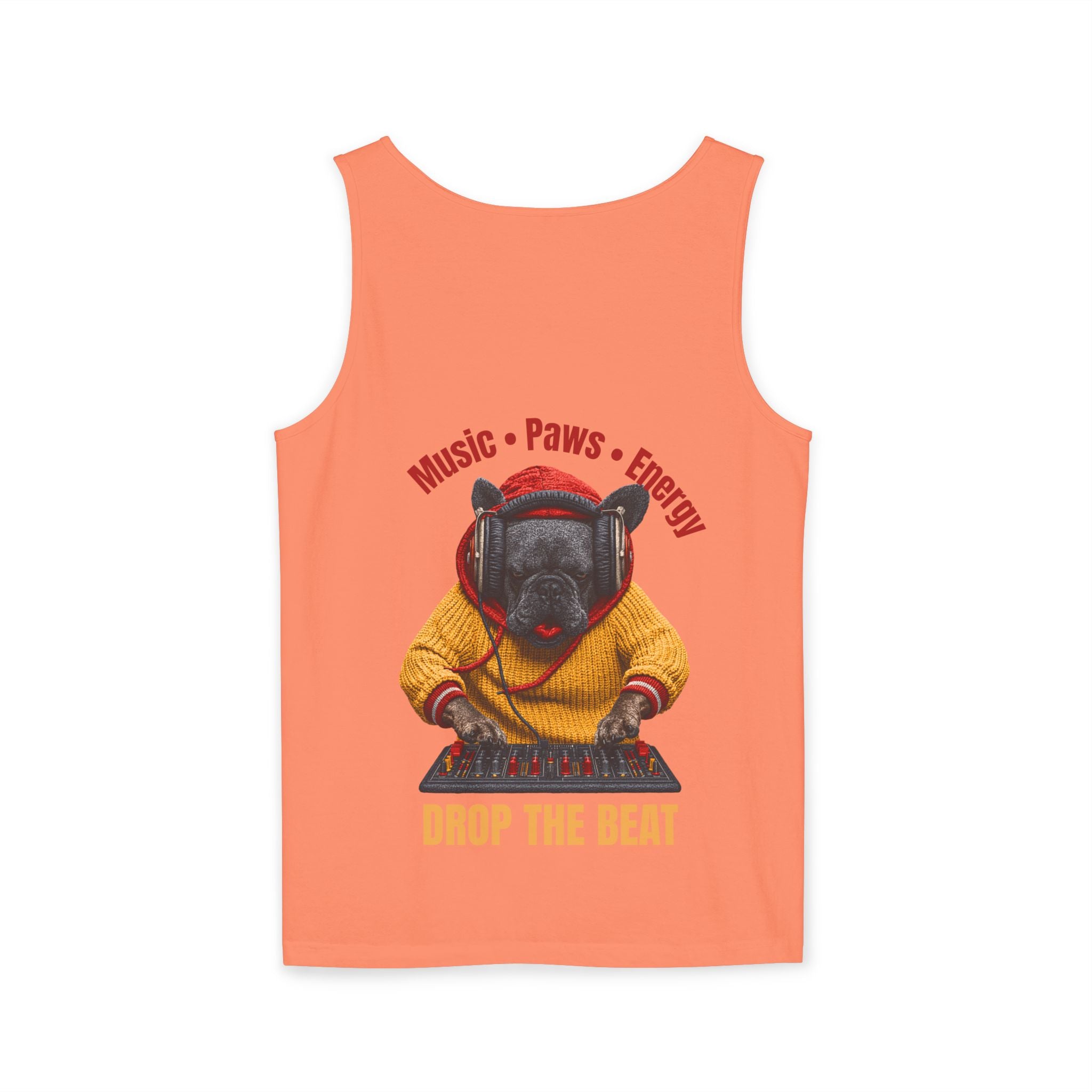 DJ Frenchie Dog Vest — "Music, Paw Prints, Energy: Igniting the Beat" Graphic Vest