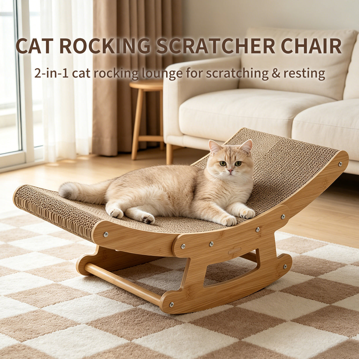 2-in-1 Cat Rocking Bed & Scratcher | Wooden Cat Lounge with Cardboard Scratch Pad for Indoor Cats