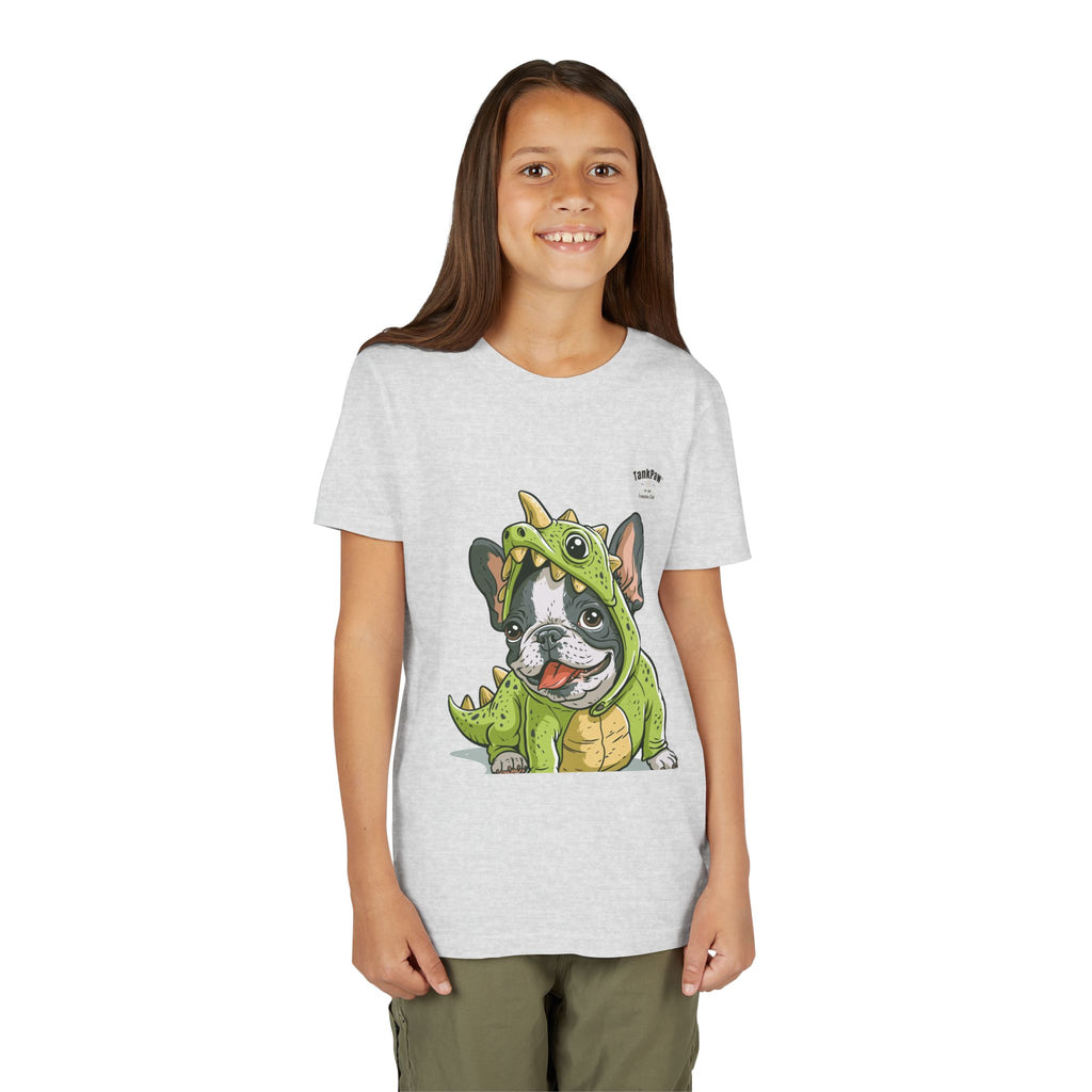 Kids Dino Costume Tee — Cute French Bulldog Puppy in Green Dinosaur Outfit