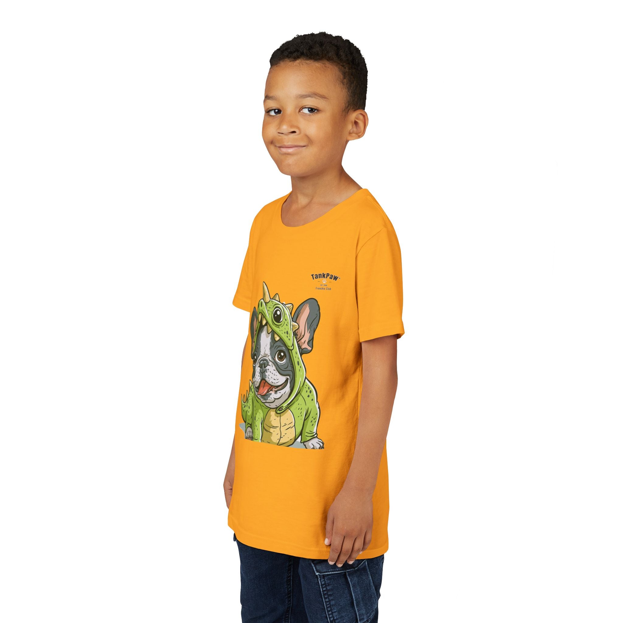 Kids Dino Costume Tee — Cute French Bulldog Puppy in Green Dinosaur Outfit