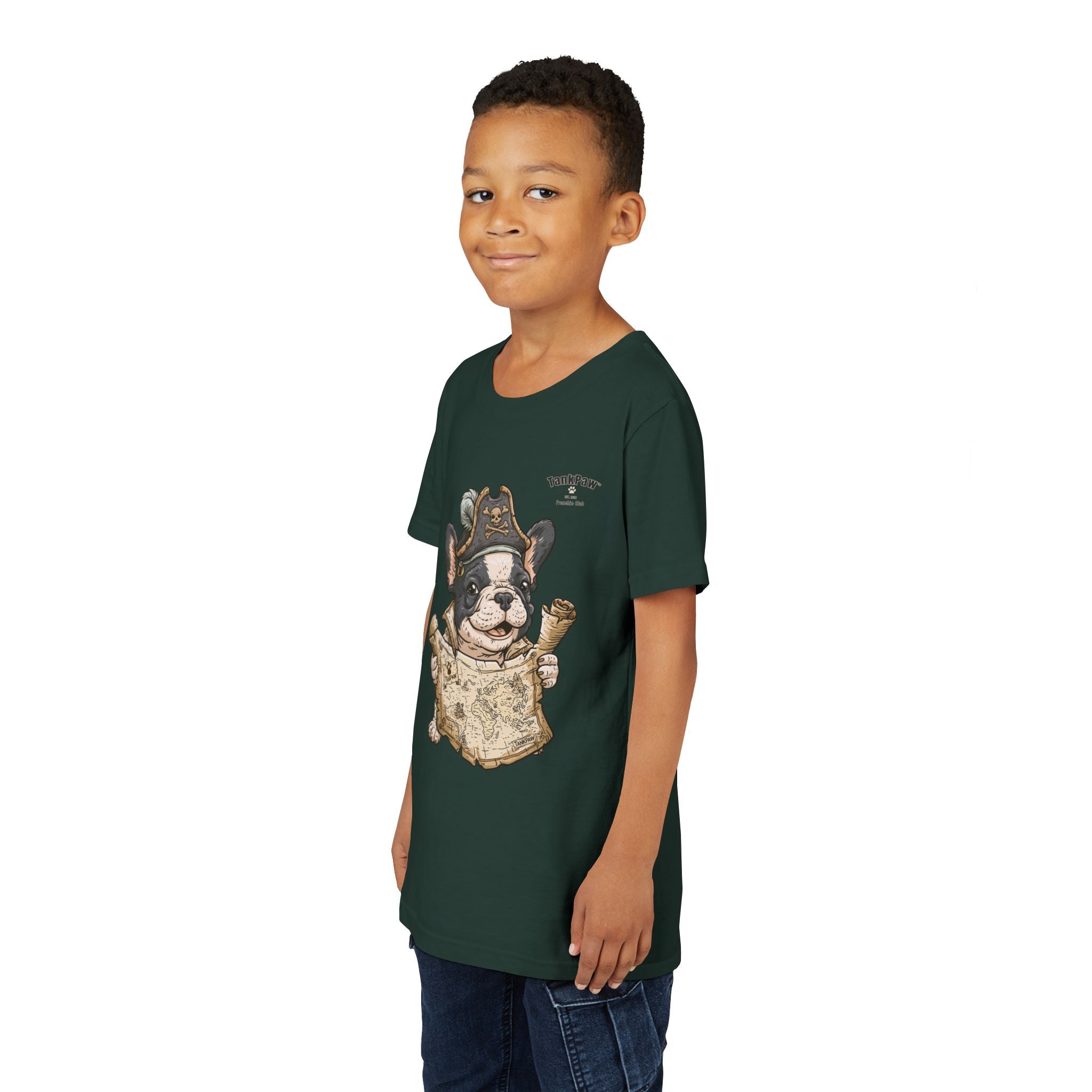 Kids Pirate Dog Tee — "Ahoy!" Map & Captain French Bulldog Youth T-Shirt
