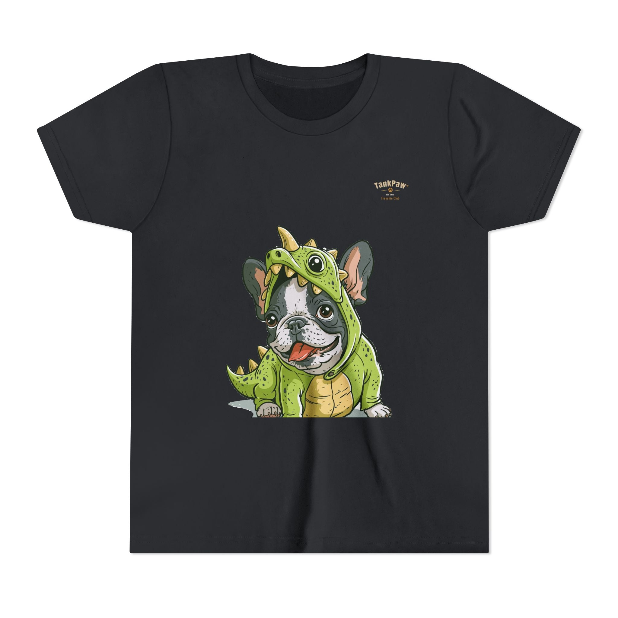 Kids Dino Costume Tee — Cute French Bulldog Puppy in Green Dinosaur Outfit