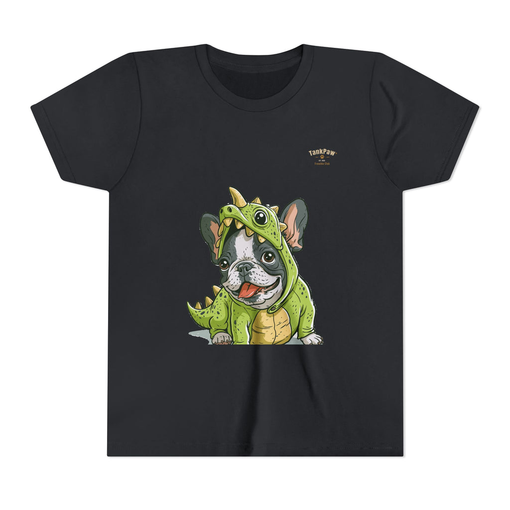 Kids Dino Costume Tee — Cute French Bulldog Puppy in Green Dinosaur Outfit