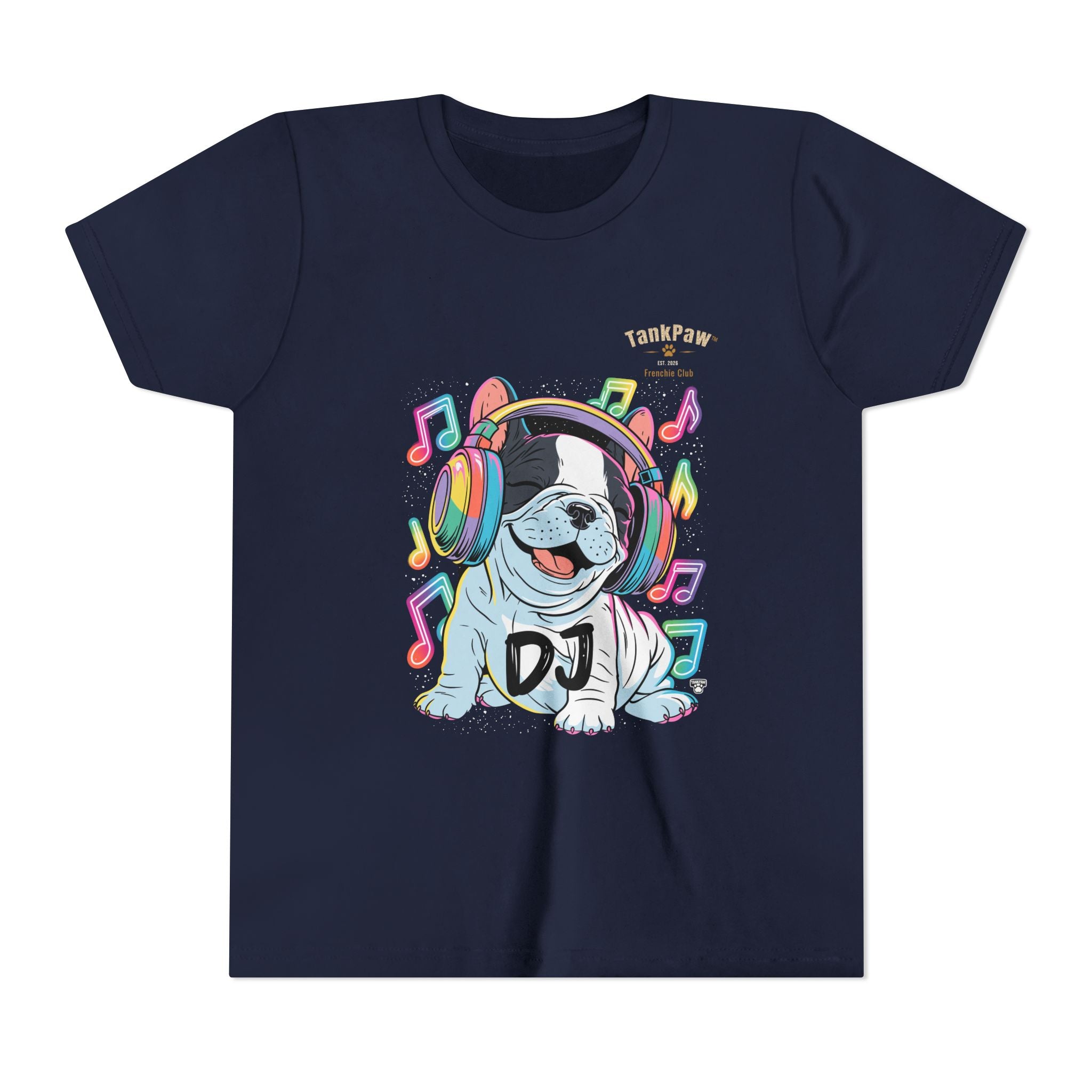 DJ Bulldog Kids Tee — Colorful Headphones Music T-Shirt for Boys & Girls