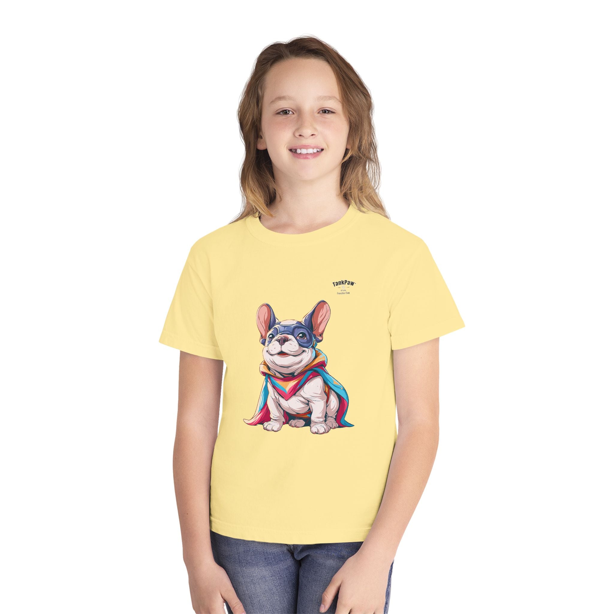 Kids French Bulldog Tee — Colorful Superhero Pup Graphic