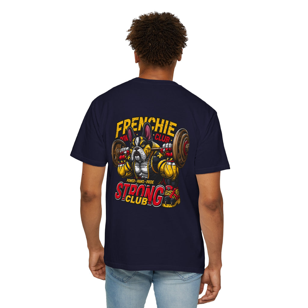 "Muscle-Style Frenchie Fitness T-Shirt — Cute French Bulldog Weightlifting Graphic Tee"
