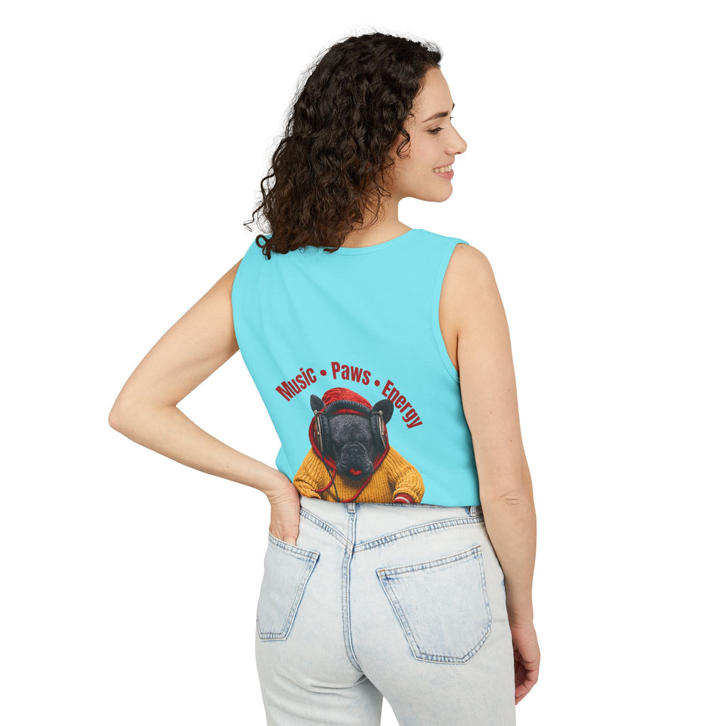 DJ Frenchie Dog Vest — "Music, Paw Prints, Energy: Igniting the Beat" Graphic Vest