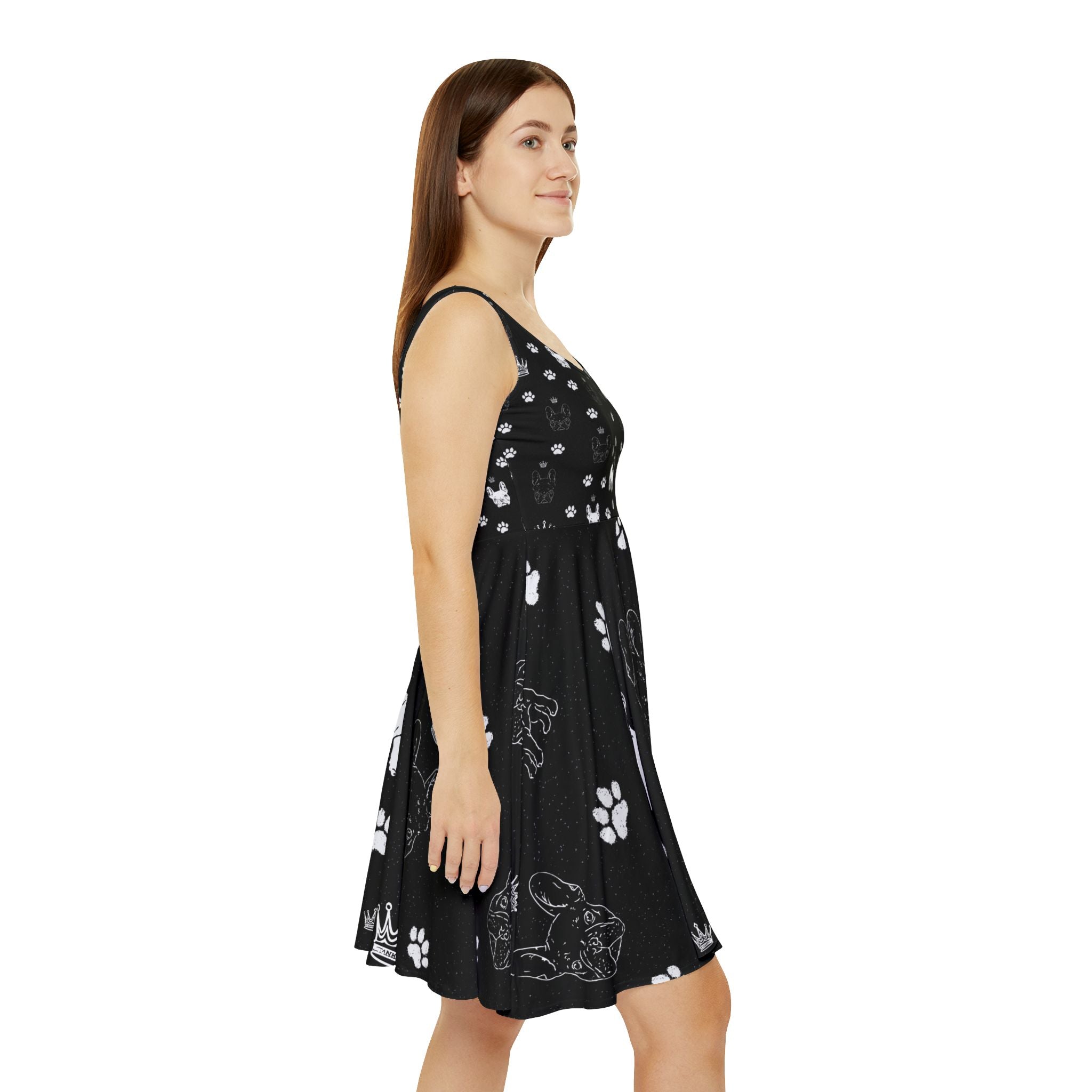 Skater Dress — All-Over Black Frenchie Paw Print — Cute Summer Dress for Frenchie Moms