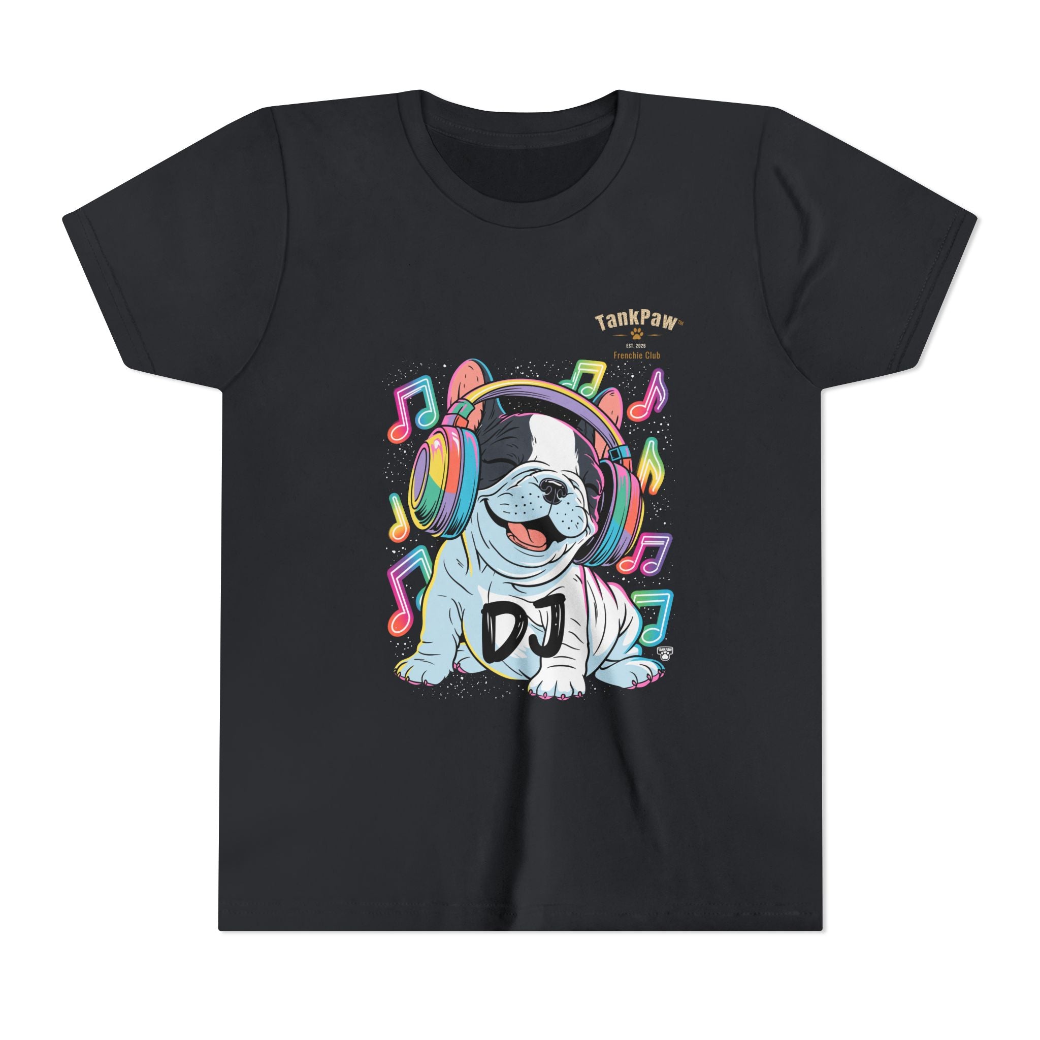DJ Bulldog Kids Tee — Colorful Headphones Music T-Shirt for Boys & Girls