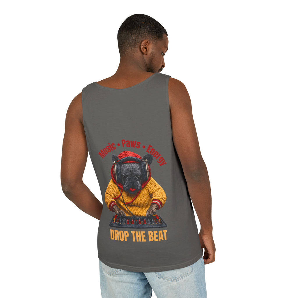 DJ Frenchie Dog Vest — "Music, Paw Prints, Energy: Igniting the Beat" Graphic Vest