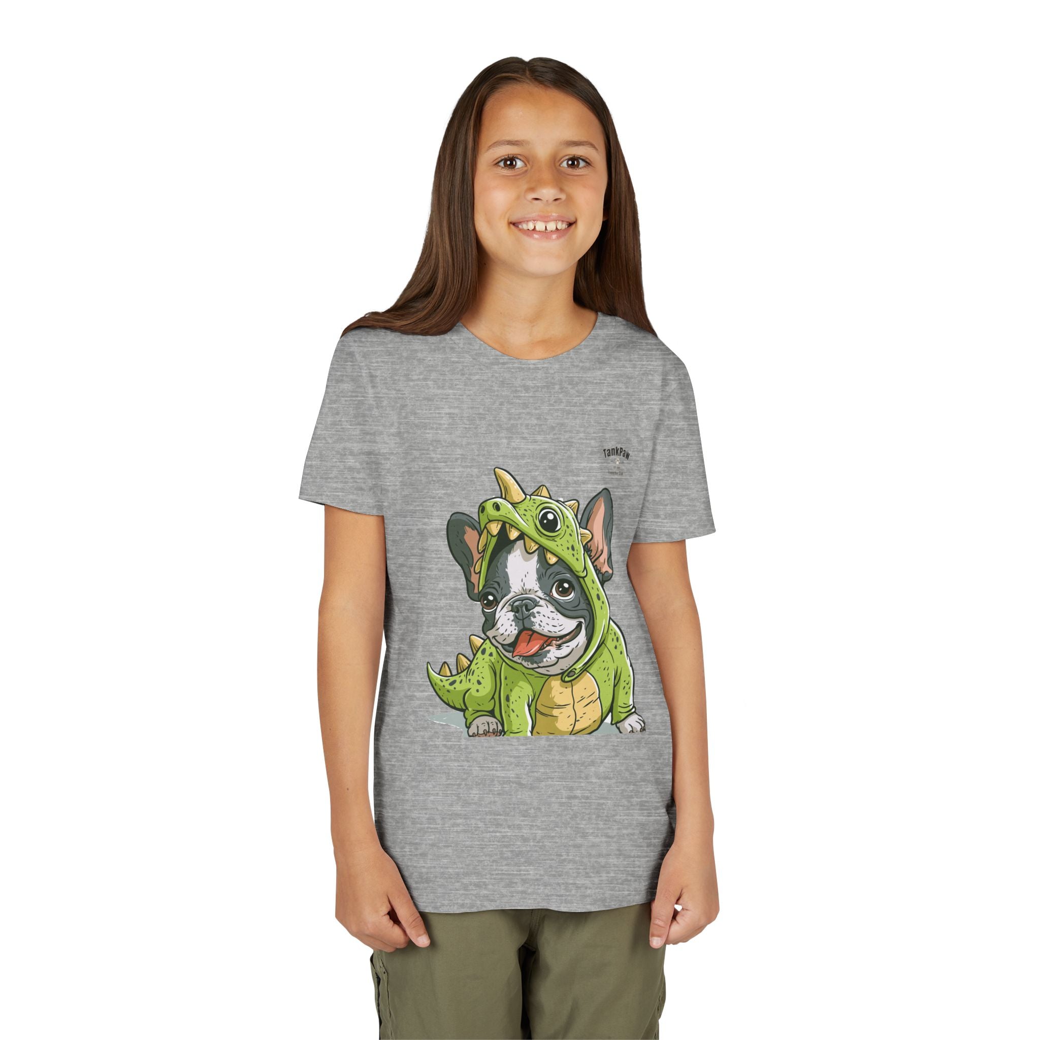 Kids Dino Costume Tee — Cute French Bulldog Puppy in Green Dinosaur Outfit