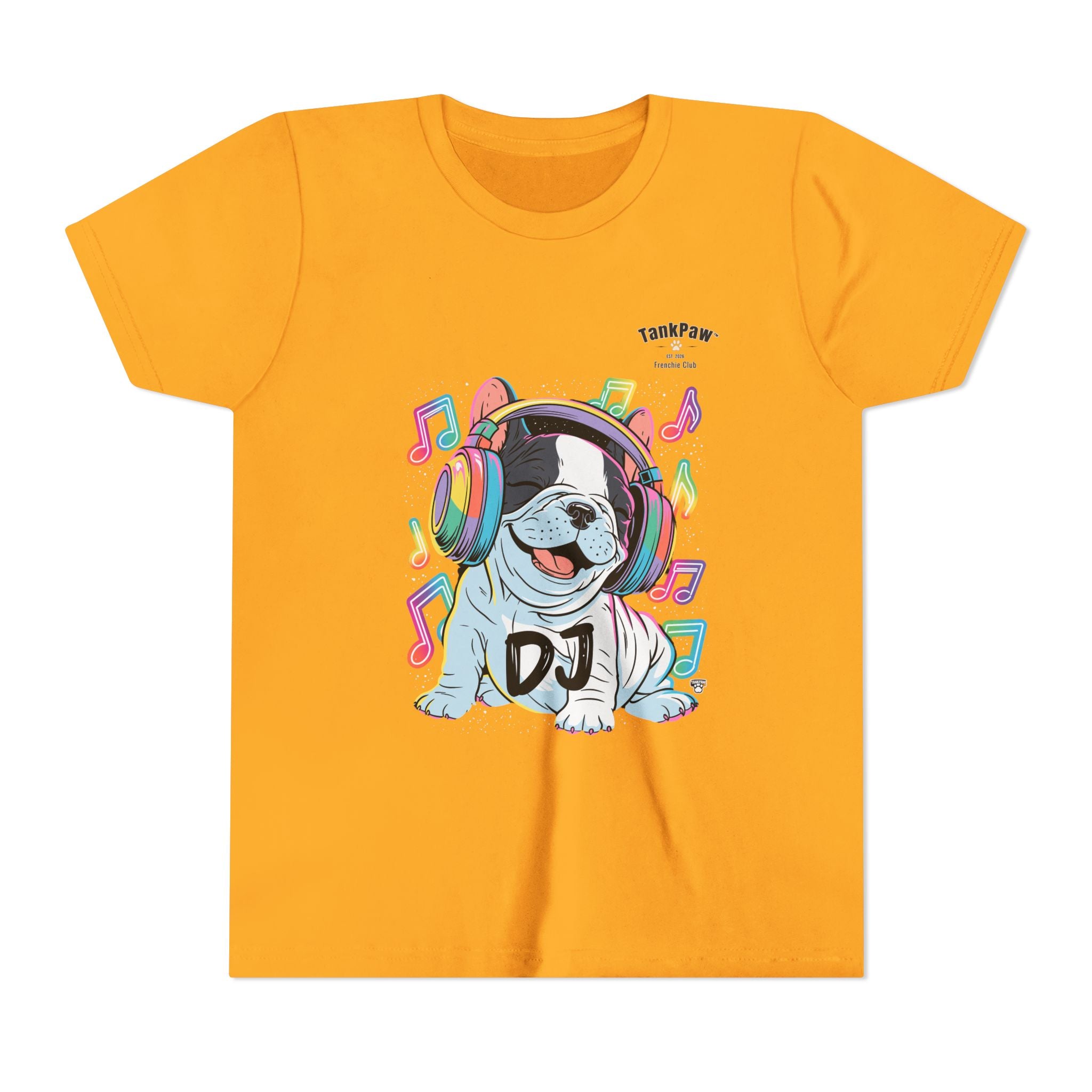 DJ Bulldog Kids Tee — Colorful Headphones Music T-Shirt for Boys & Girls