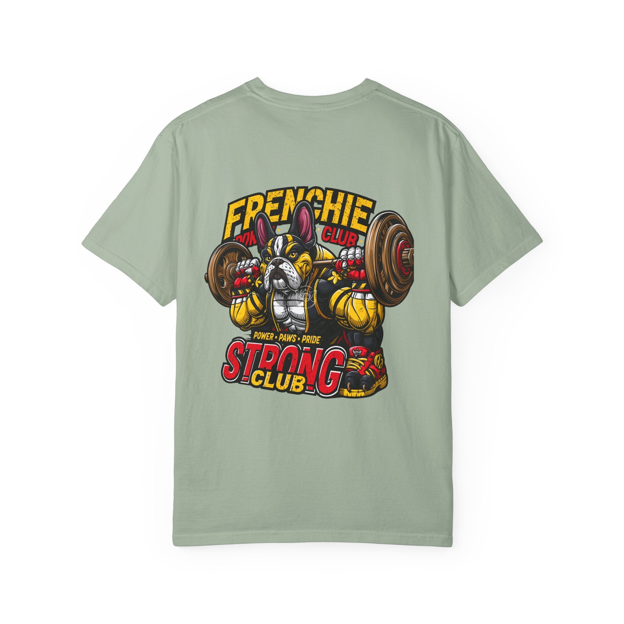 "Muscle-Style Frenchie Fitness T-Shirt — Cute French Bulldog Weightlifting Graphic Tee"