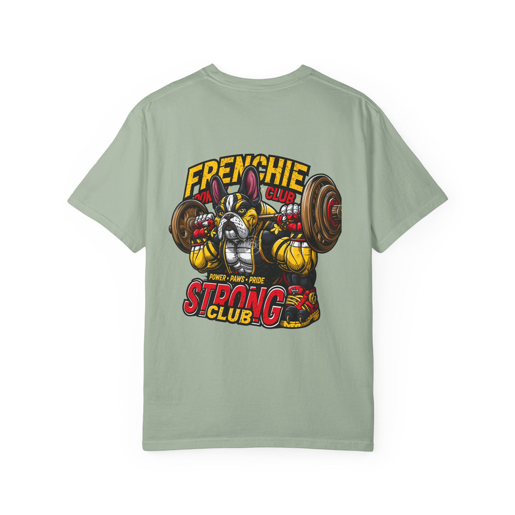 "Muscle-Style Frenchie Fitness T-Shirt — Cute French Bulldog Weightlifting Graphic Tee"