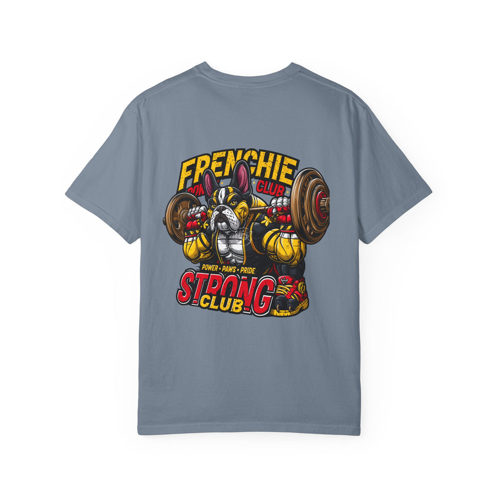 "Muscle-Style Frenchie Fitness T-Shirt — Cute French Bulldog Weightlifting Graphic Tee"