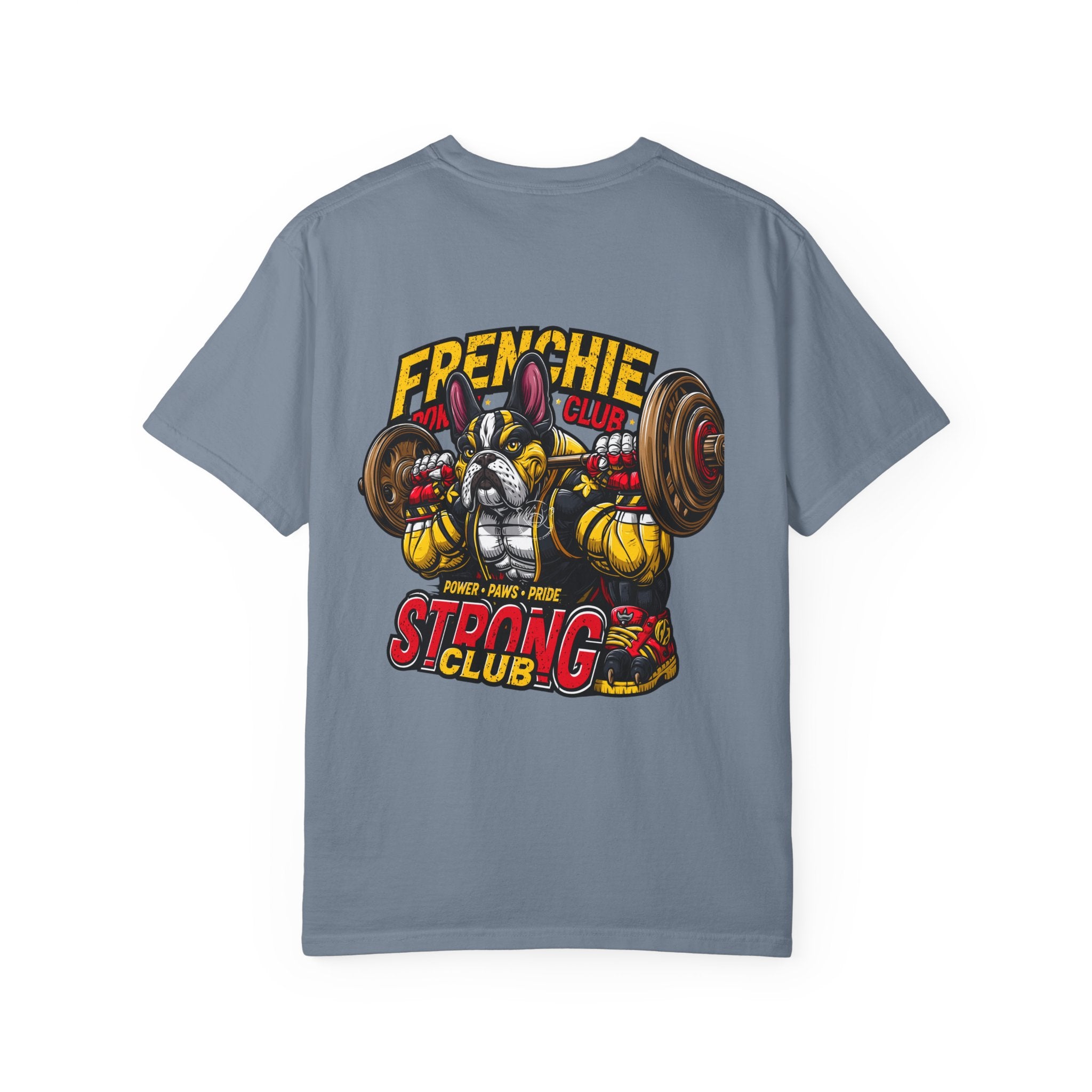 "Muscle-Style Frenchie Fitness T-Shirt — Cute French Bulldog Weightlifting Graphic Tee"