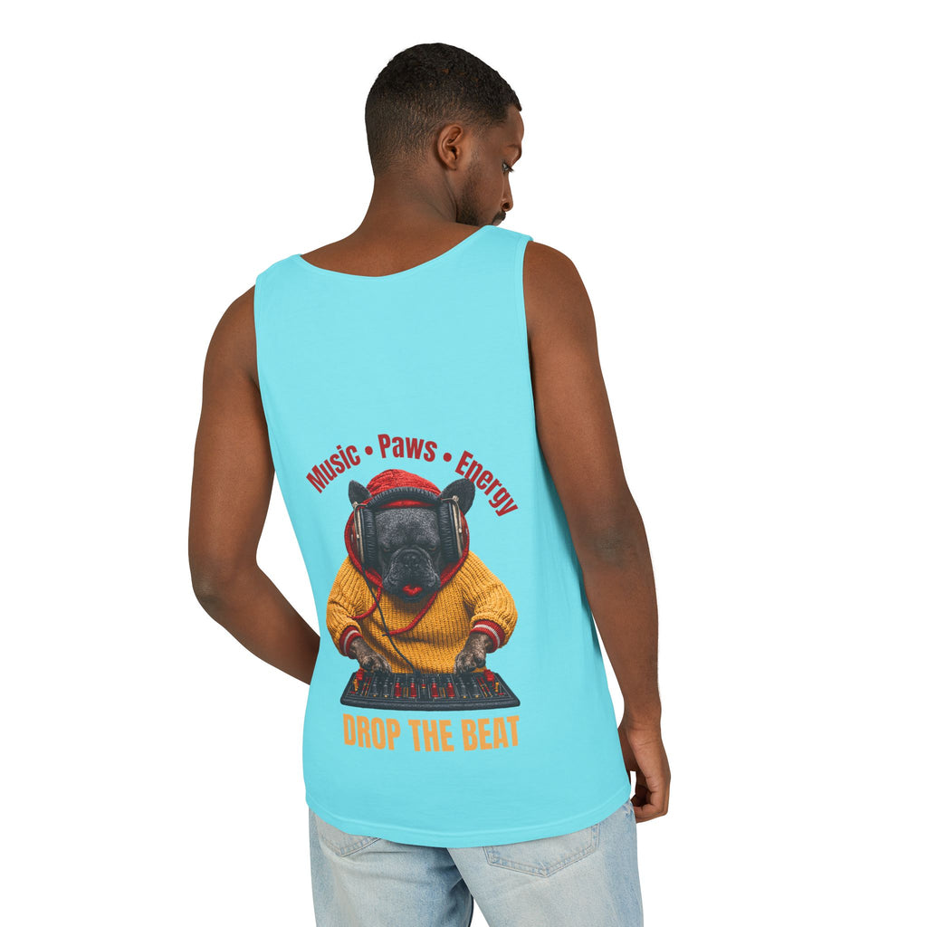 DJ Frenchie Dog Vest — "Music, Paw Prints, Energy: Igniting the Beat" Graphic Vest