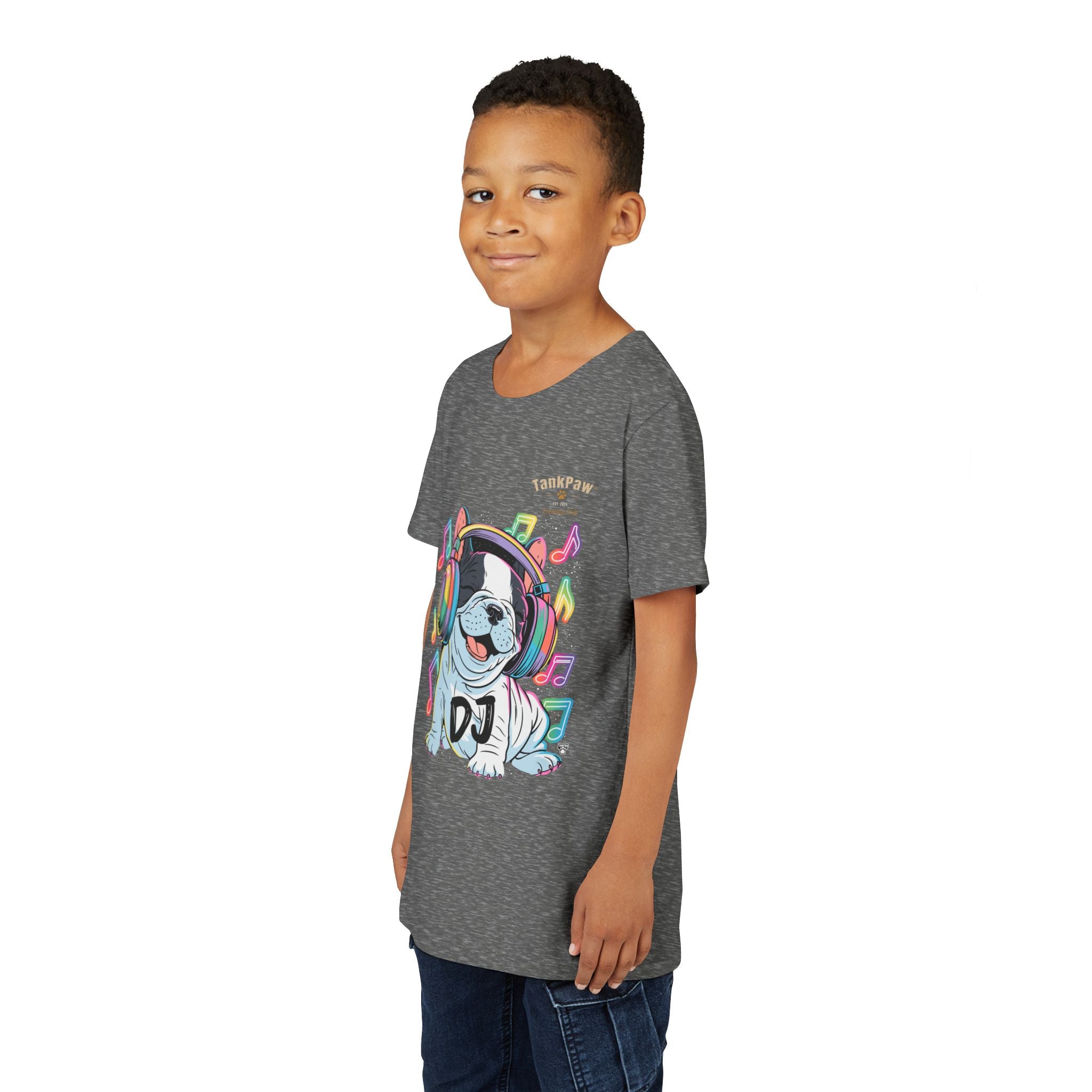 DJ Bulldog Kids Tee — Colorful Headphones Music T-Shirt for Boys & Girls