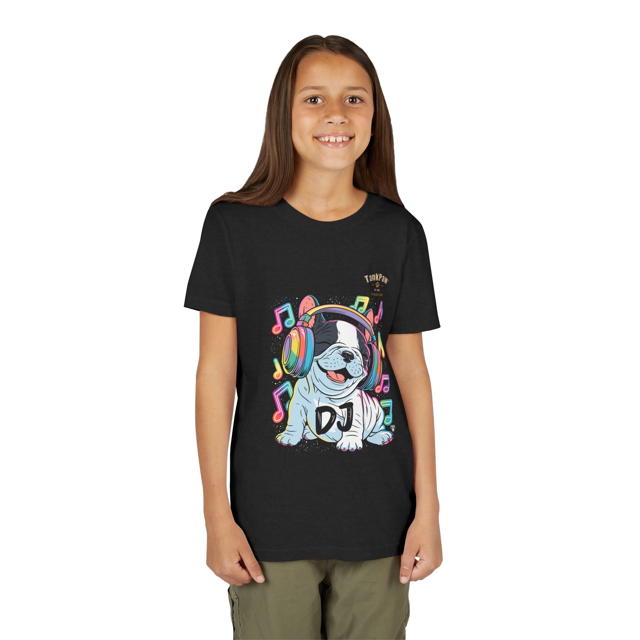DJ Bulldog Kids Tee — Colorful Headphones Music T-Shirt for Boys & Girls
