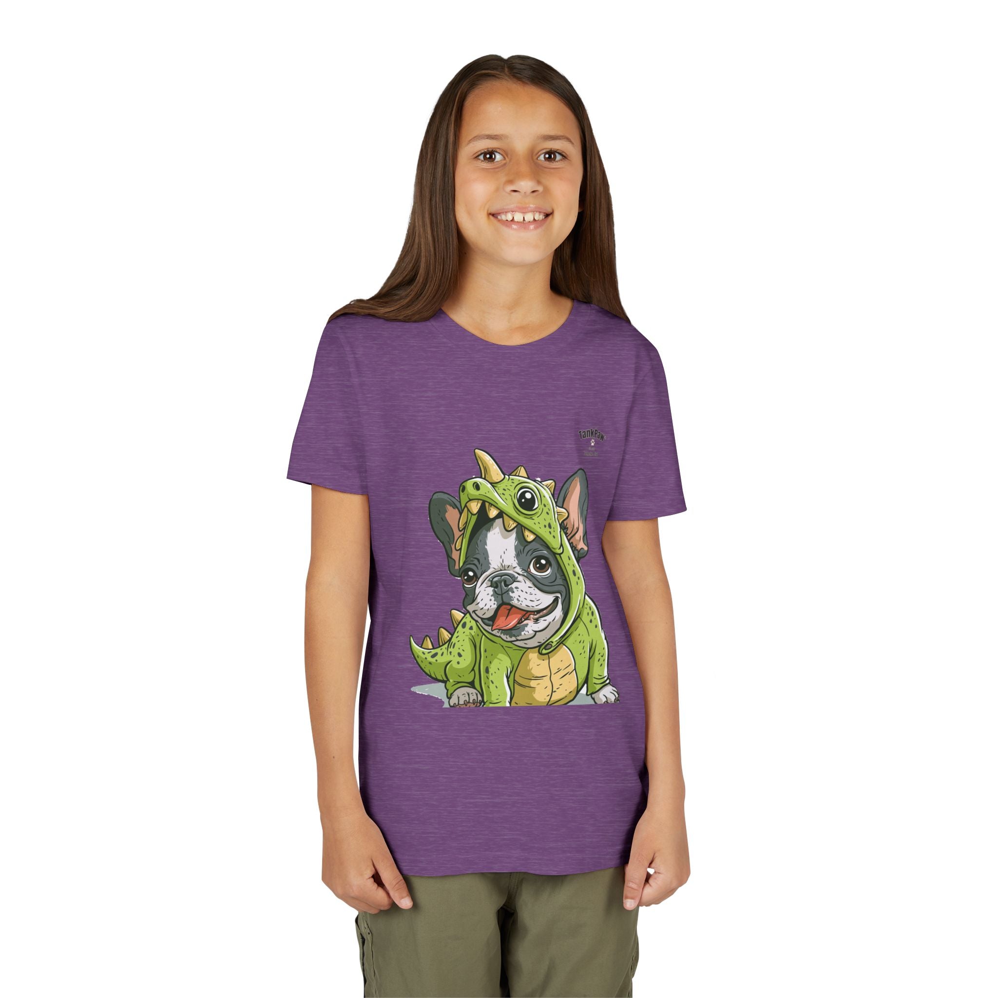 Kids Dino Costume Tee — Cute French Bulldog Puppy in Green Dinosaur Outfit
