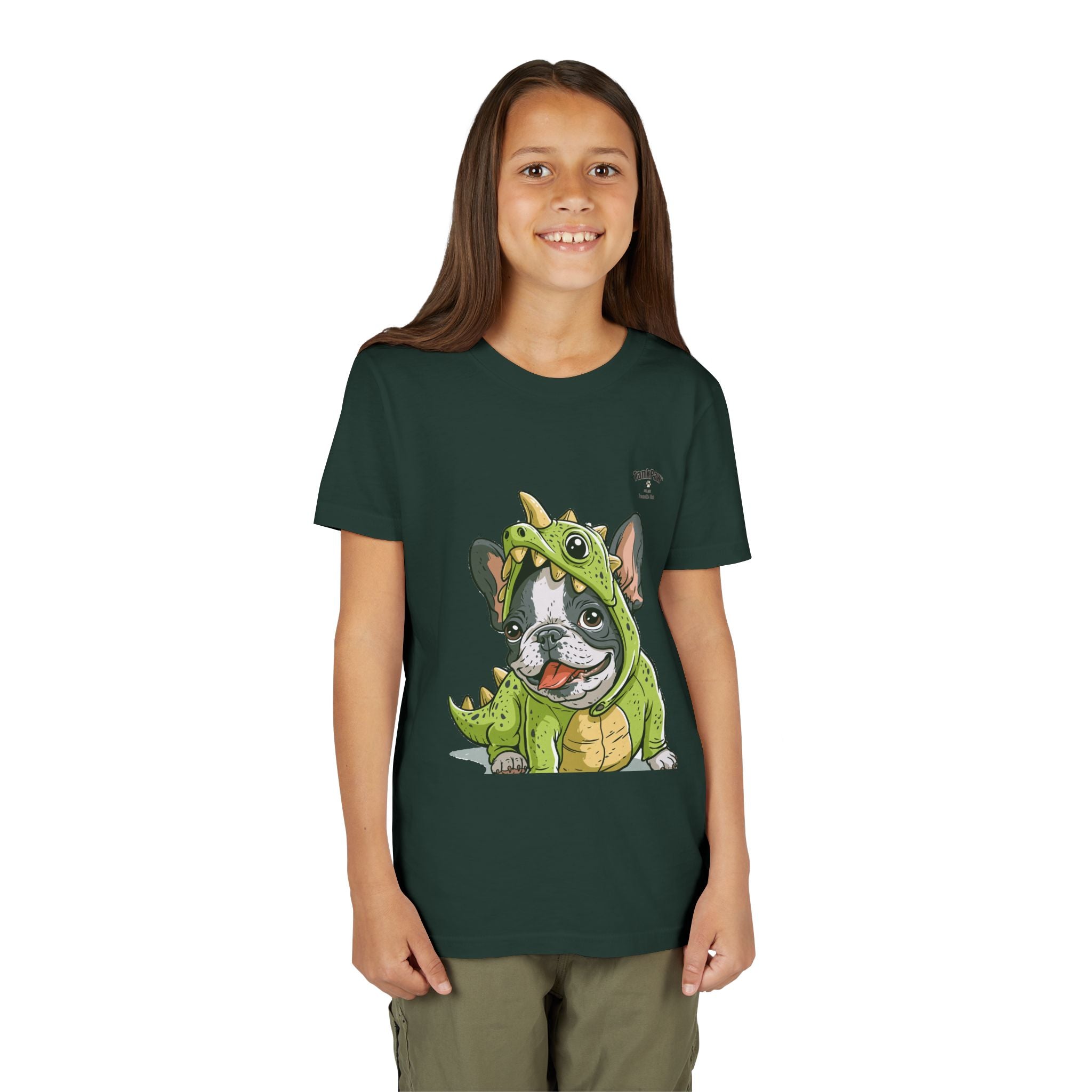 Kids Dino Costume Tee — Cute French Bulldog Puppy in Green Dinosaur Outfit