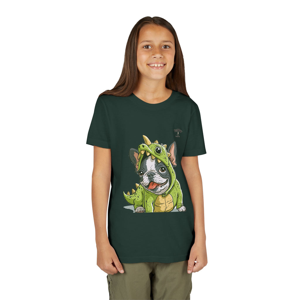 Kids Dino Costume Tee — Cute French Bulldog Puppy in Green Dinosaur Outfit