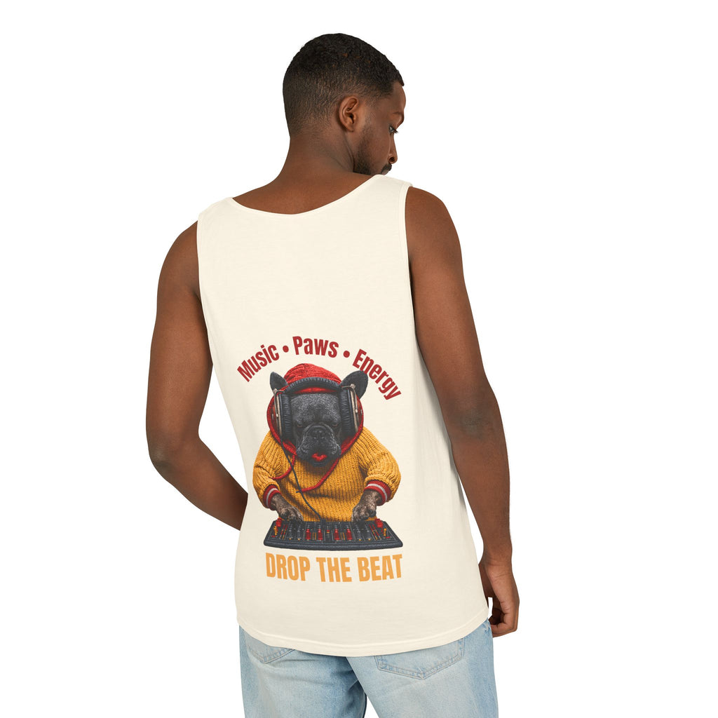 DJ Frenchie Dog Vest — "Music, Paw Prints, Energy: Igniting the Beat" Graphic Vest