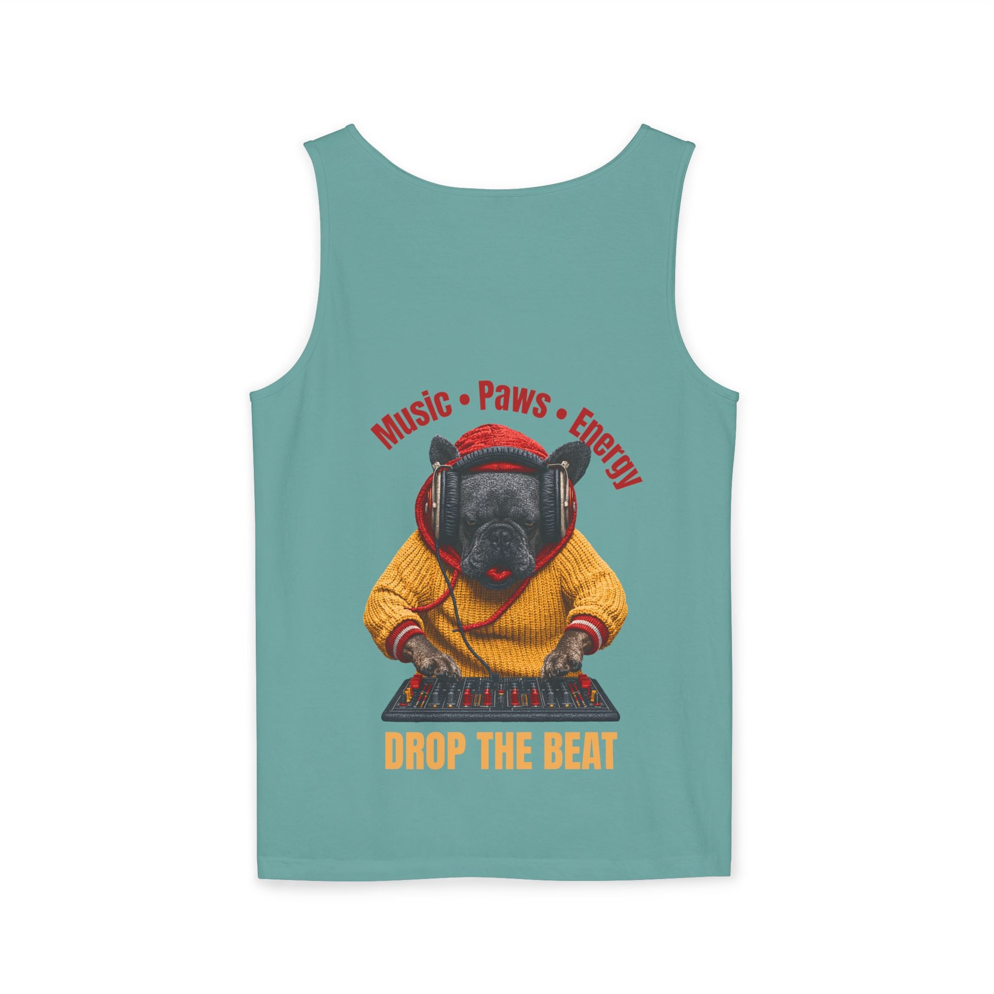 DJ Frenchie Dog Vest — "Music, Paw Prints, Energy: Igniting the Beat" Graphic Vest