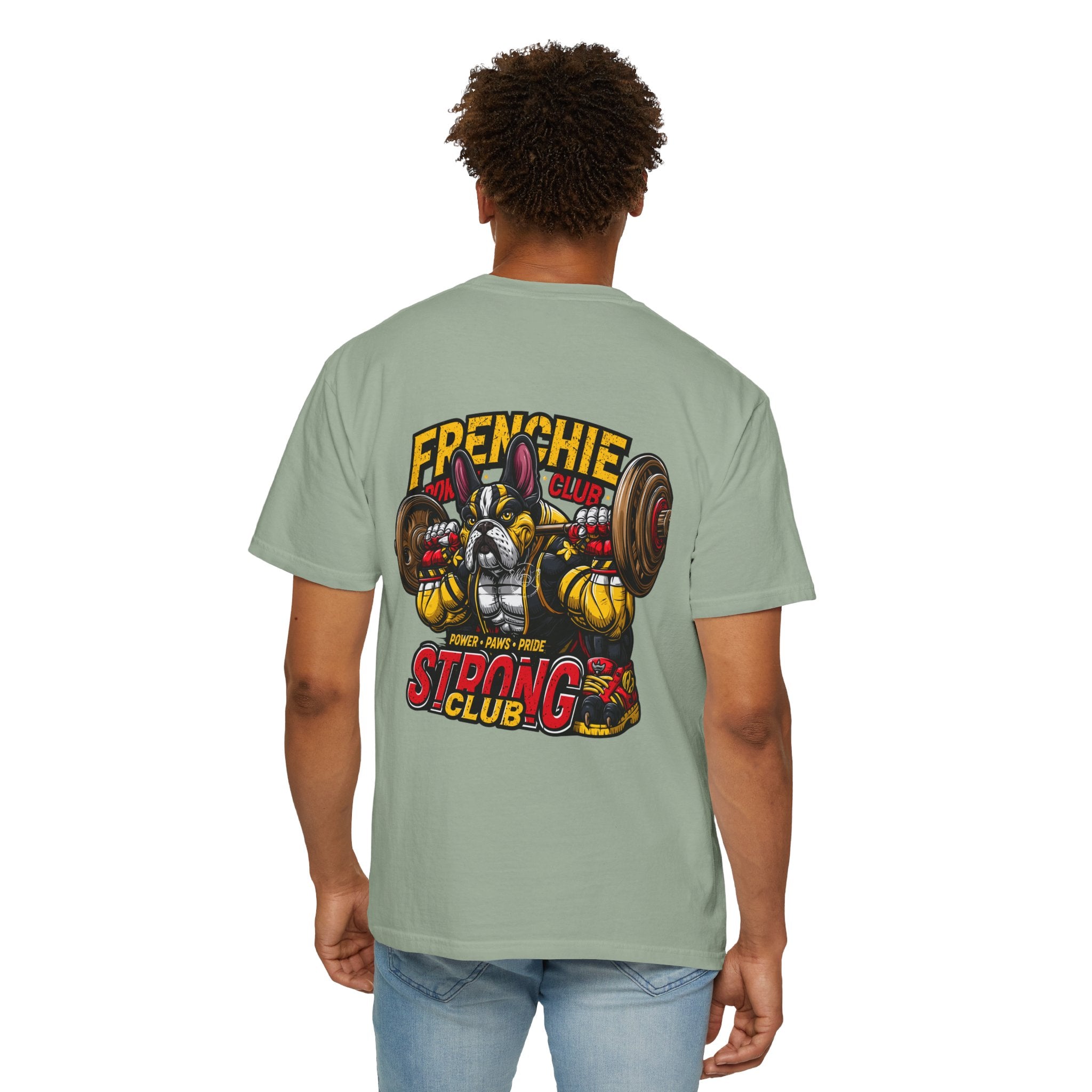"Muscle-Style Frenchie Fitness T-Shirt — Cute French Bulldog Weightlifting Graphic Tee"