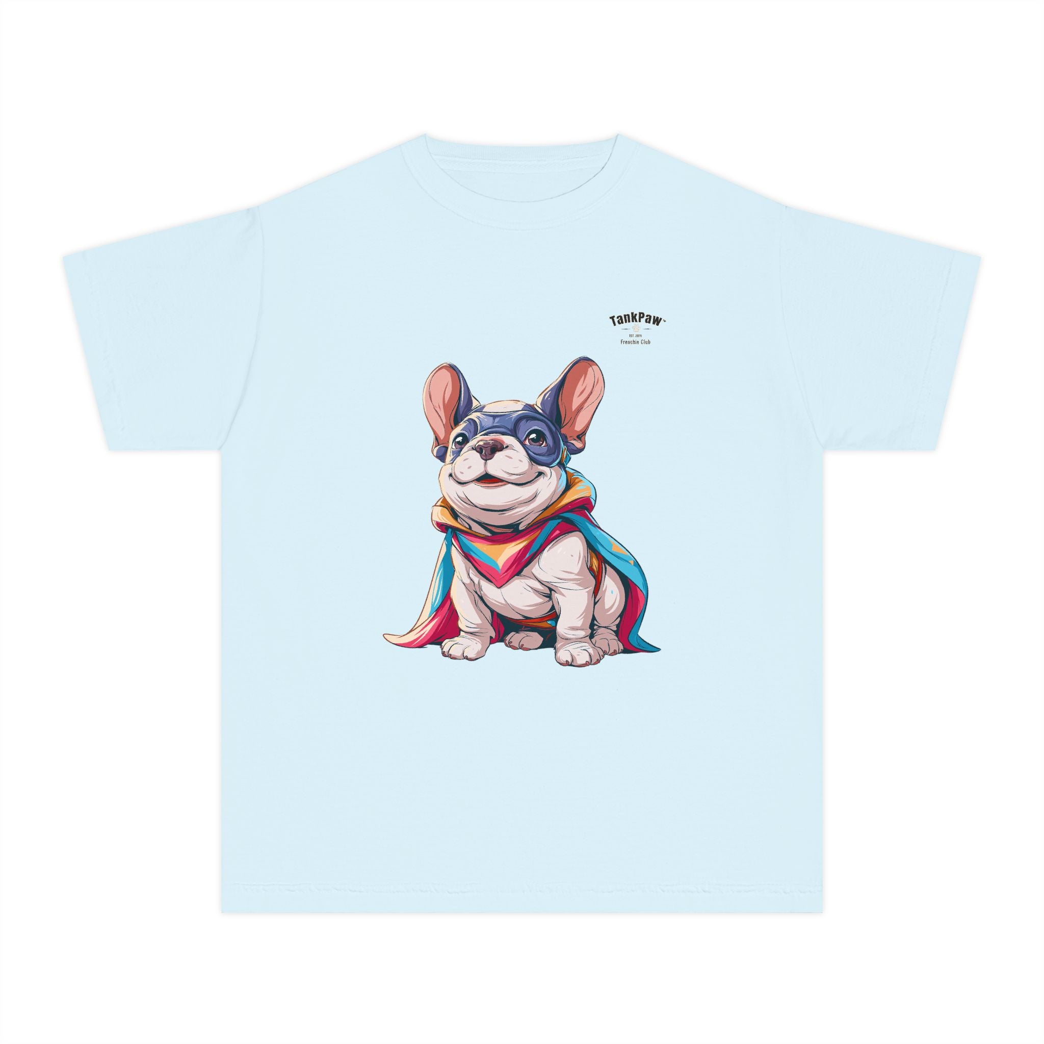 Kids French Bulldog Tee — Colorful Superhero Pup Graphic