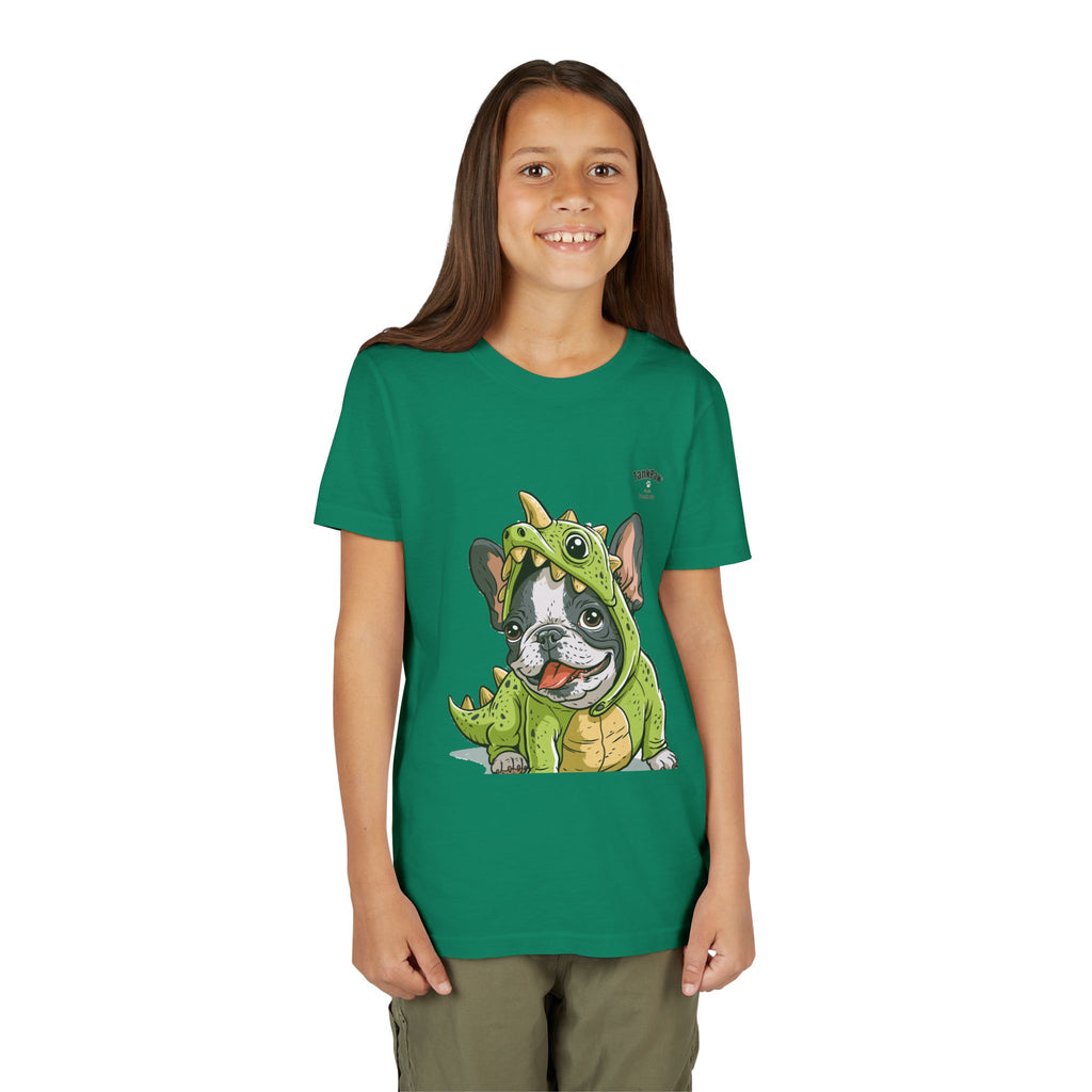 Kids Dino Costume Tee — Cute French Bulldog Puppy in Green Dinosaur Outfit