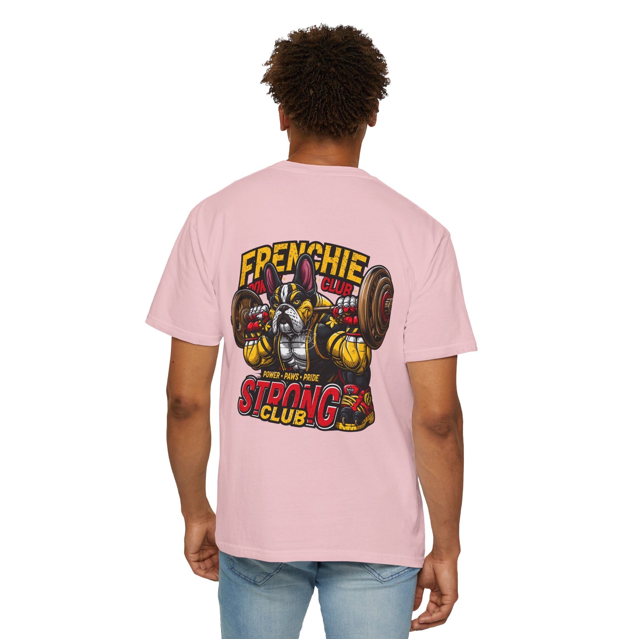 "Muscle-Style Frenchie Fitness T-Shirt — Cute French Bulldog Weightlifting Graphic Tee"