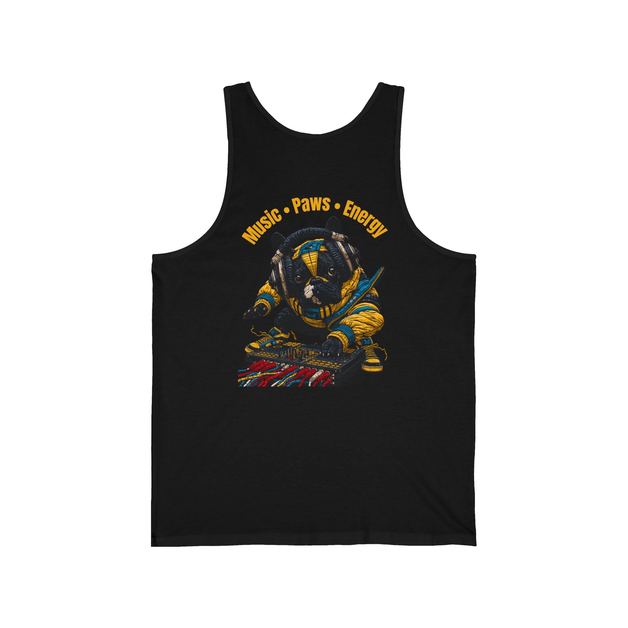 DJ Frenchie Graphic Tank Top — "Music, Paw Prints, & Energy" Summer Music Festival Tee