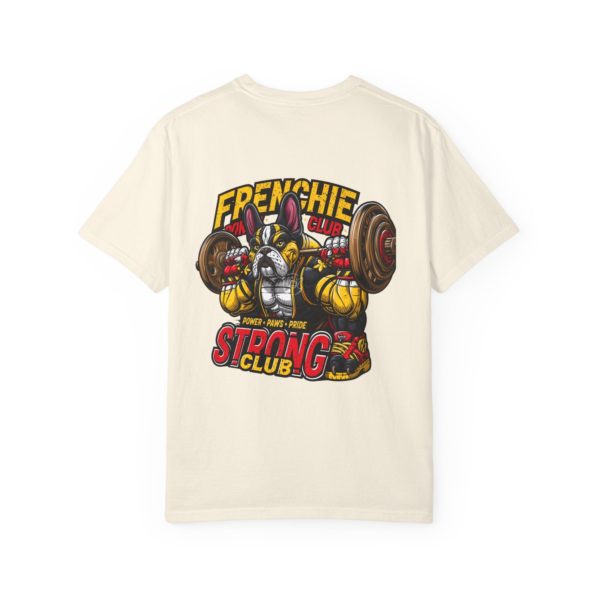 "Muscle-Style Frenchie Fitness T-Shirt — Cute French Bulldog Weightlifting Graphic Tee"
