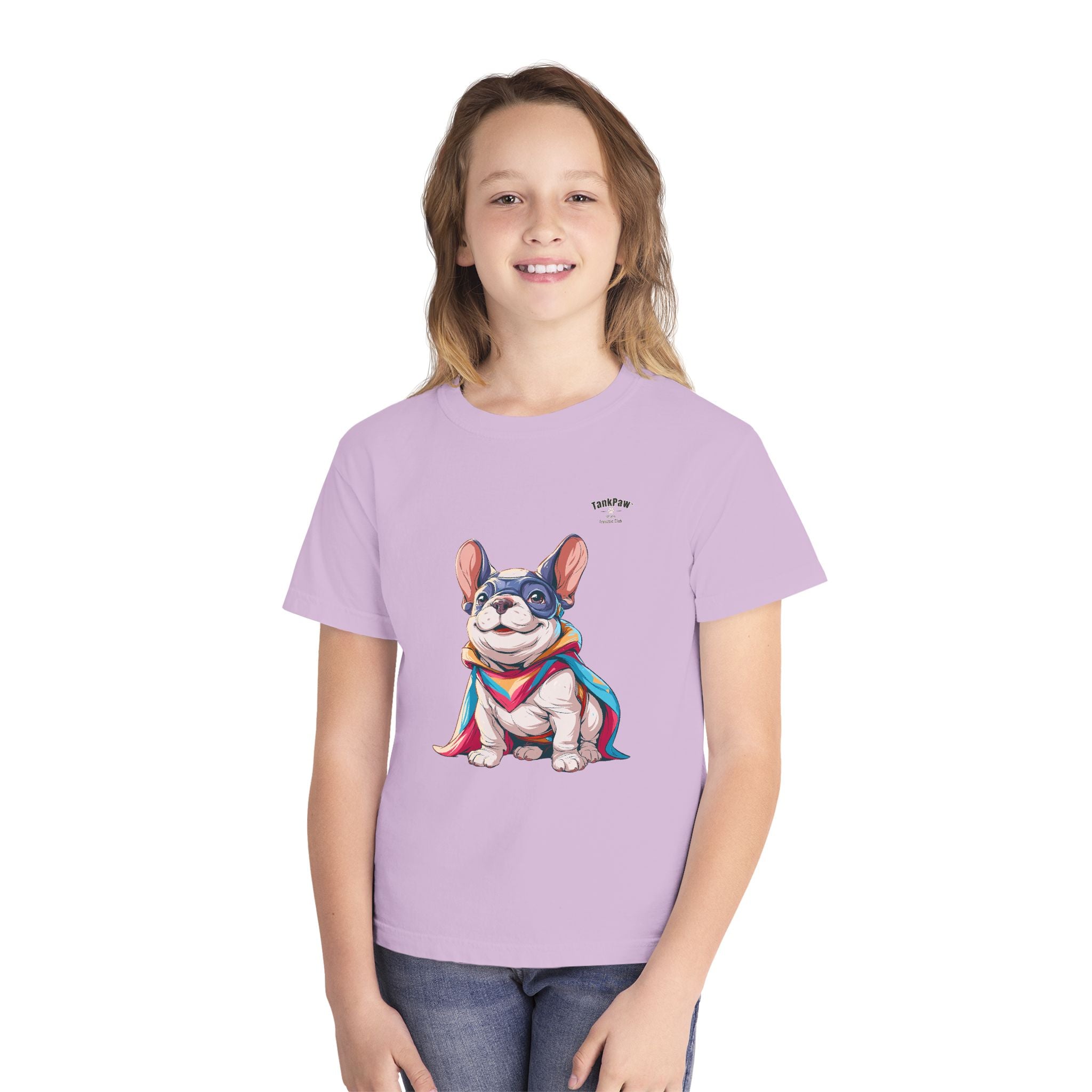 Kids French Bulldog Tee — Colorful Superhero Pup Graphic