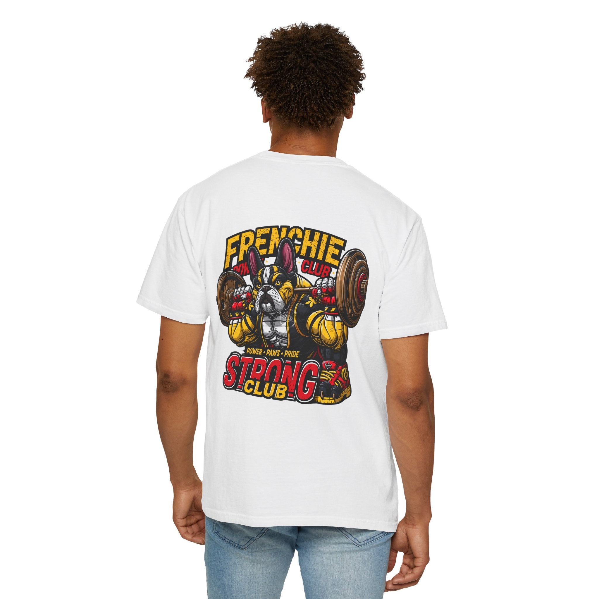 "Muscle-Style Frenchie Fitness T-Shirt — Cute French Bulldog Weightlifting Graphic Tee"