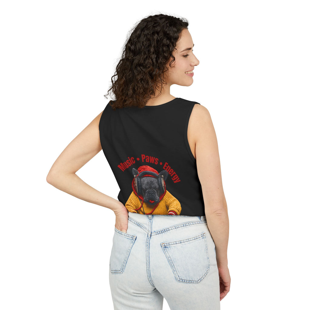 DJ Frenchie Dog Vest — "Music, Paw Prints, Energy: Igniting the Beat" Graphic Vest