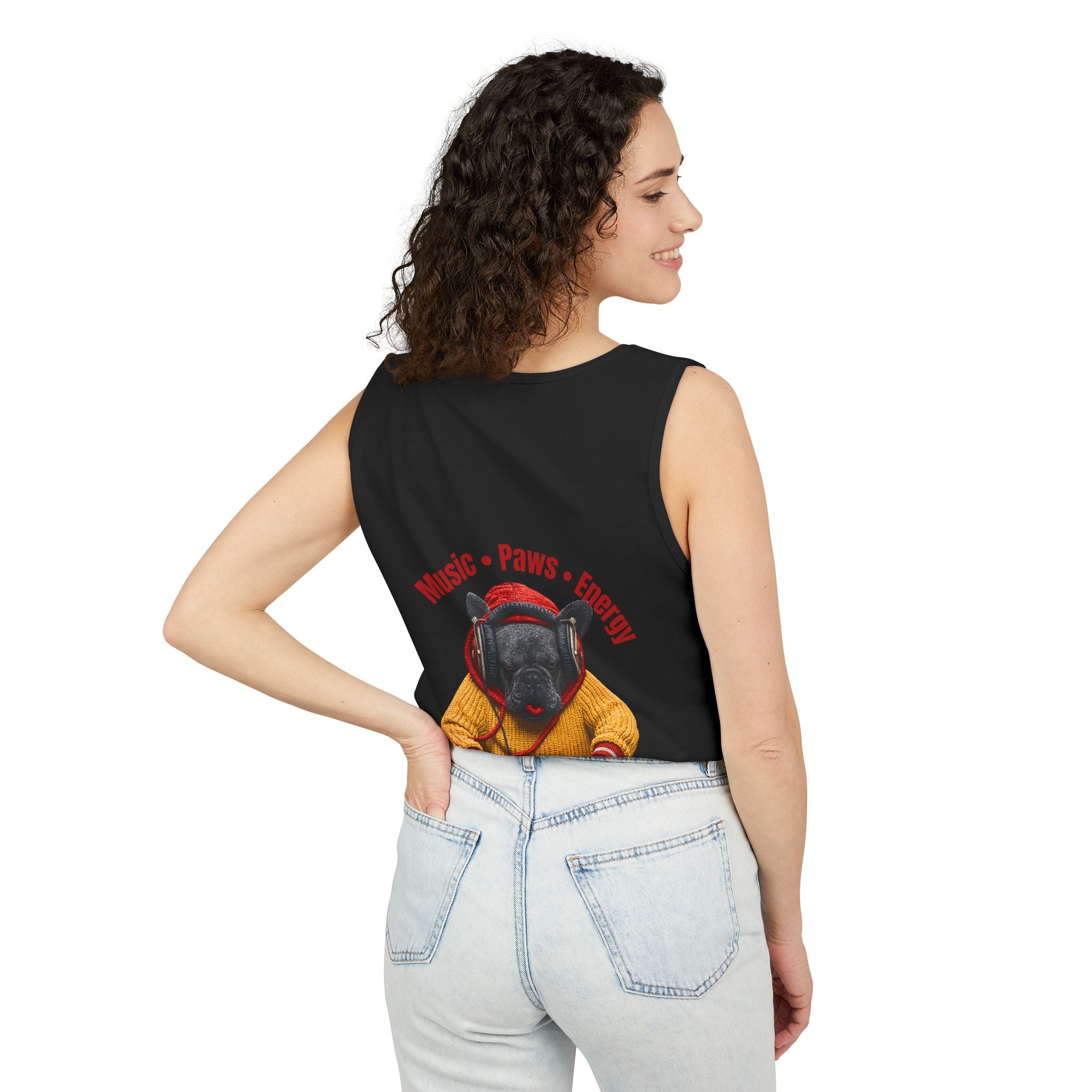 DJ Frenchie Dog Vest — "Music, Paw Prints, Energy: Igniting the Beat" Graphic Vest