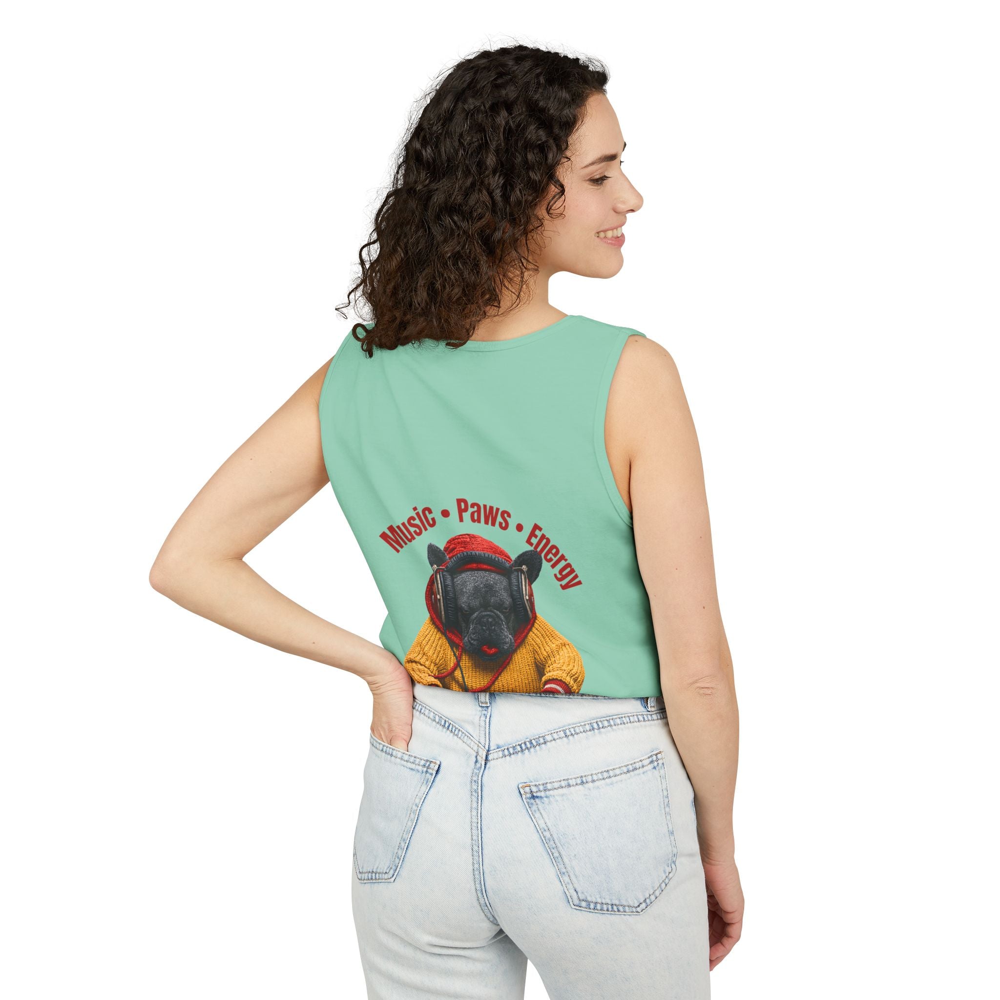 DJ Frenchie Dog Vest — "Music, Paw Prints, Energy: Igniting the Beat" Graphic Vest