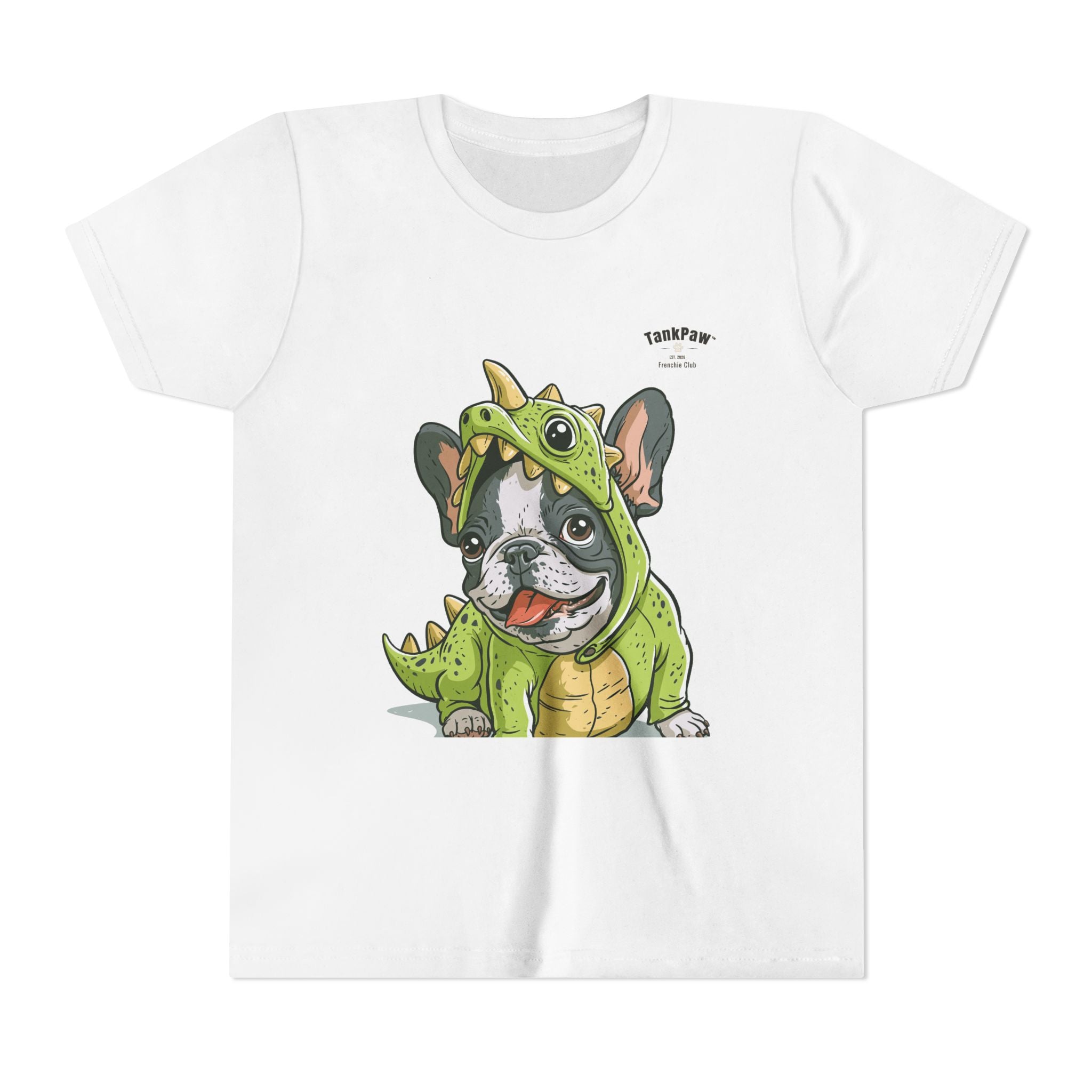 Kids Dino Costume Tee — Cute French Bulldog Puppy in Green Dinosaur Outfit