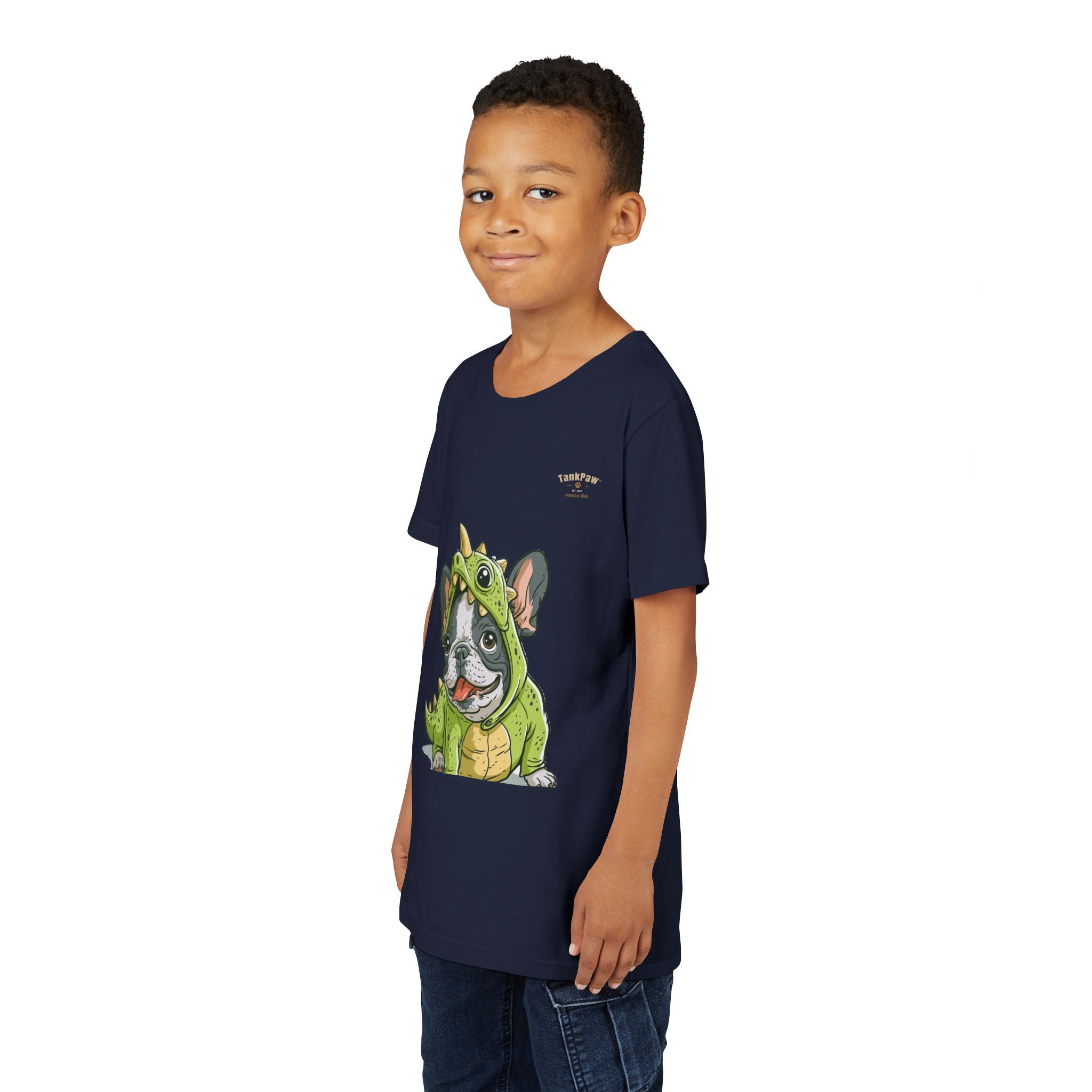 Kids Dino Costume Tee — Cute French Bulldog Puppy in Green Dinosaur Outfit