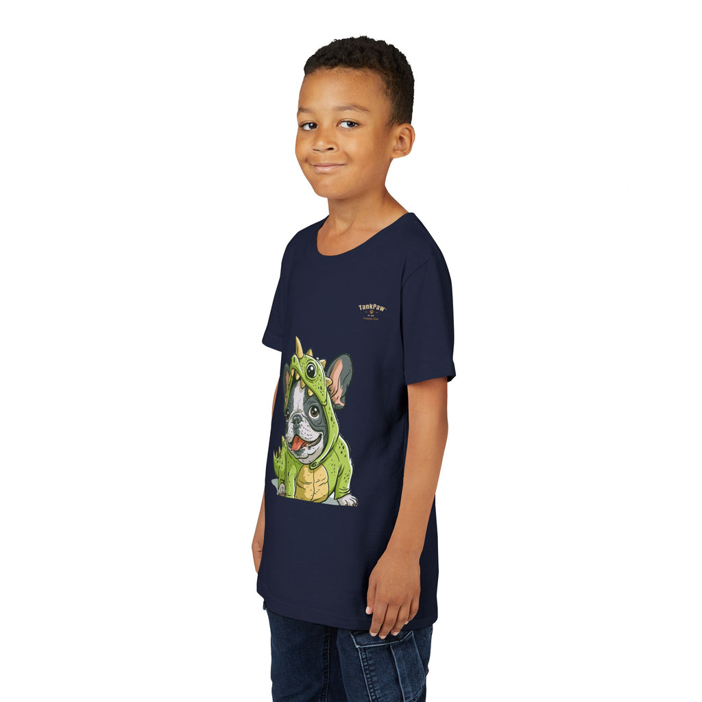 Kids Dino Costume Tee — Cute French Bulldog Puppy in Green Dinosaur Outfit