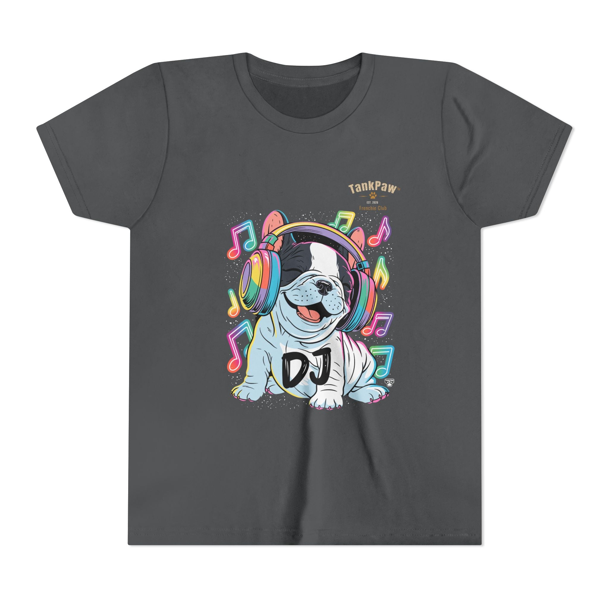 DJ Bulldog Kids Tee — Colorful Headphones Music T-Shirt for Boys & Girls