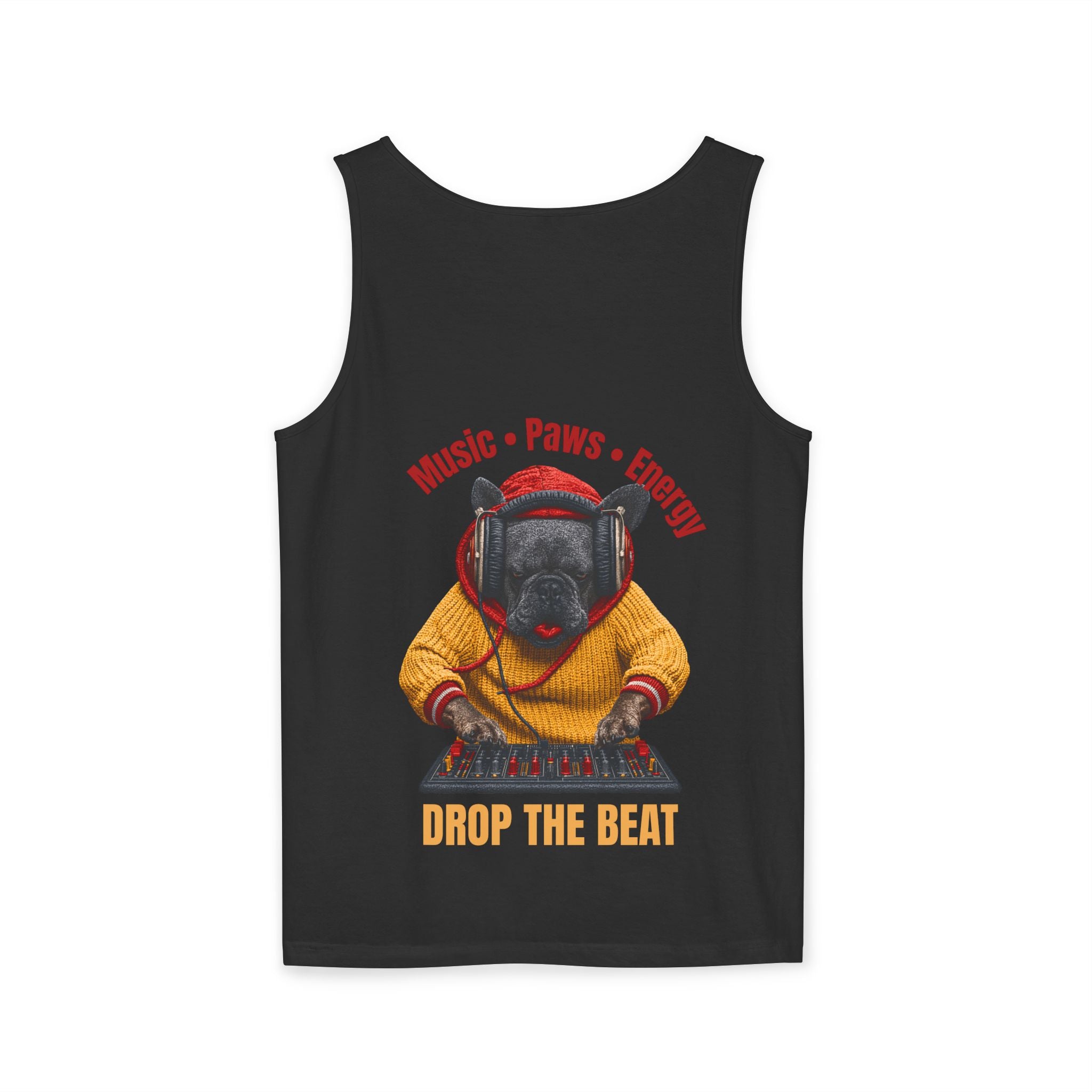 DJ Frenchie Dog Vest — "Music, Paw Prints, Energy: Igniting the Beat" Graphic Vest