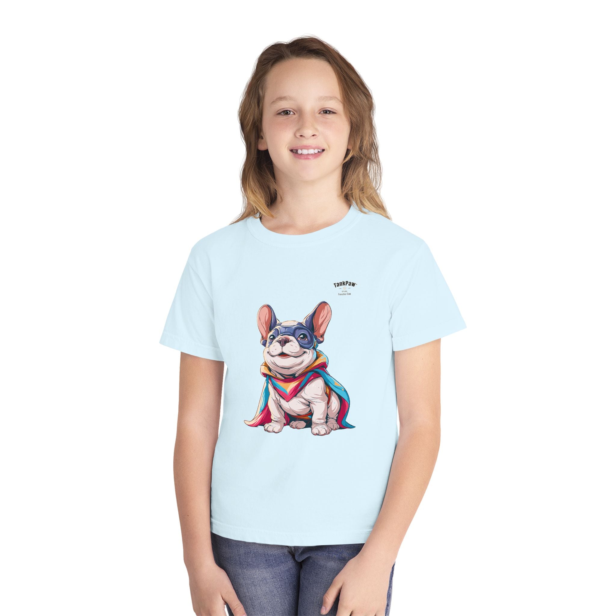 Kids French Bulldog Tee — Colorful Superhero Pup Graphic
